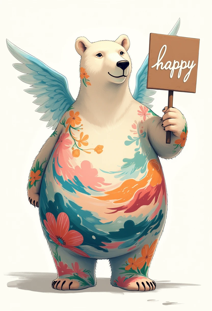 angel, a plump middle-aged polar bear man, angel wings, a creative and artistic image featuring a full-body polar bear, its fur serving as a canvas for a vibrant, abstract painting. The bear stands in a neutral pose, its white fur transformed into a living canvas with bold, colorful brushstrokes and patterns. The painting on the bear’s body includes elements of nature, swirling colors, and artistic motifs such as flowers, waves, and geometric shapes. The background is minimalistic, allowing the focus to remain on the art-covered bear. The overall atmosphere is both elegant and expressive, highlighting the contrast between the bear’s natural form and the artistic, painterly designs covering it, BREAK full body in Michelangelo Buonarroti style, character focus, full body, looking away, dynamic angle, BREAK happy, light smile, holding a sign &quot;HAPPY&quot;, cute pose, detailed painting landscape, flower garden, BREAK complete anatomy, perfect proportions, beautiful thigh gap, fluffy body, intricate fur details, beautiful fur texture, BREAK detailed polar bear tail, detailed toe, 5toes, 5toes nails, beautiful foot, detailed hands, 5fingers, 5fingers nails, BREAK aesthetic anime face, insanity detailed face, male face, big face, square jawline, aesthetic anime eyes, detailed brown eyes, detailed brown cornea, detailed dark brown irises, detailed pupils, male eyes, big eyes, male eyebrows, innocent look, beautiful beard, BREAK masterpiece, official art, best quality, very aesthetic, absurdres, super fine illustration, great quality, BREAK noise reduction, very highres, large filesize, high quality, 32K, 8k wallpaper, dynamic lighting, BREAK insanity detailed, ultra detailed, intricate details, extremely detailed, detailed texture, an extremely delicate and beautiful, full color, HDR, BREAK e621 tag, Fur Affinity illustration, osukemo, kemohomo, anthropomorphic, furry, cartoon, digital illustration anime 