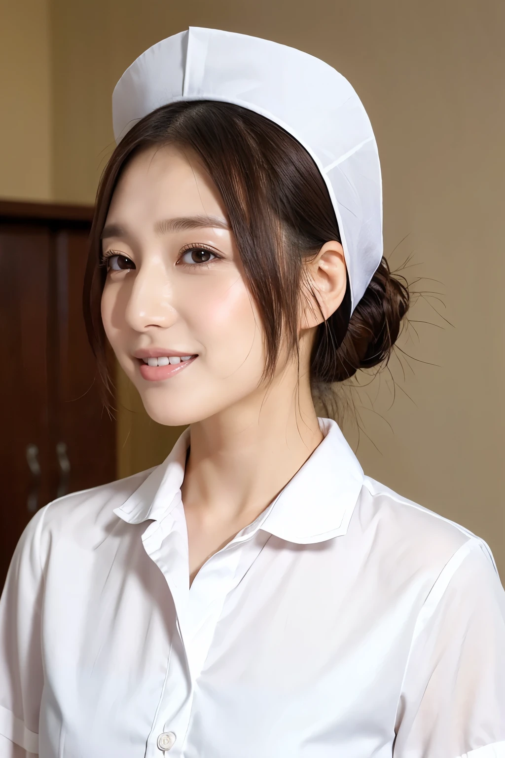 (Best Quality、Tabletop、Highest quality、Award-winning works)、(1 nurse:1.3)、(Perfect pure white nurse uniform:1.3)、Perfect portrait photography、Glowing Skin、Standing gracefully、(Face close-up:1.2)、(The background of the hospital room is strongly blurred:1.1)、(The background of the hospital room is strongly blurred:1.2)、Glowing White Skin、The skin is very white、smile、(Mouth closed:1.1)、(Closed lips:1.1)、Tyndall effect、The most atmospheric and warm lighting、Great cinema lighting、Expose the forehead