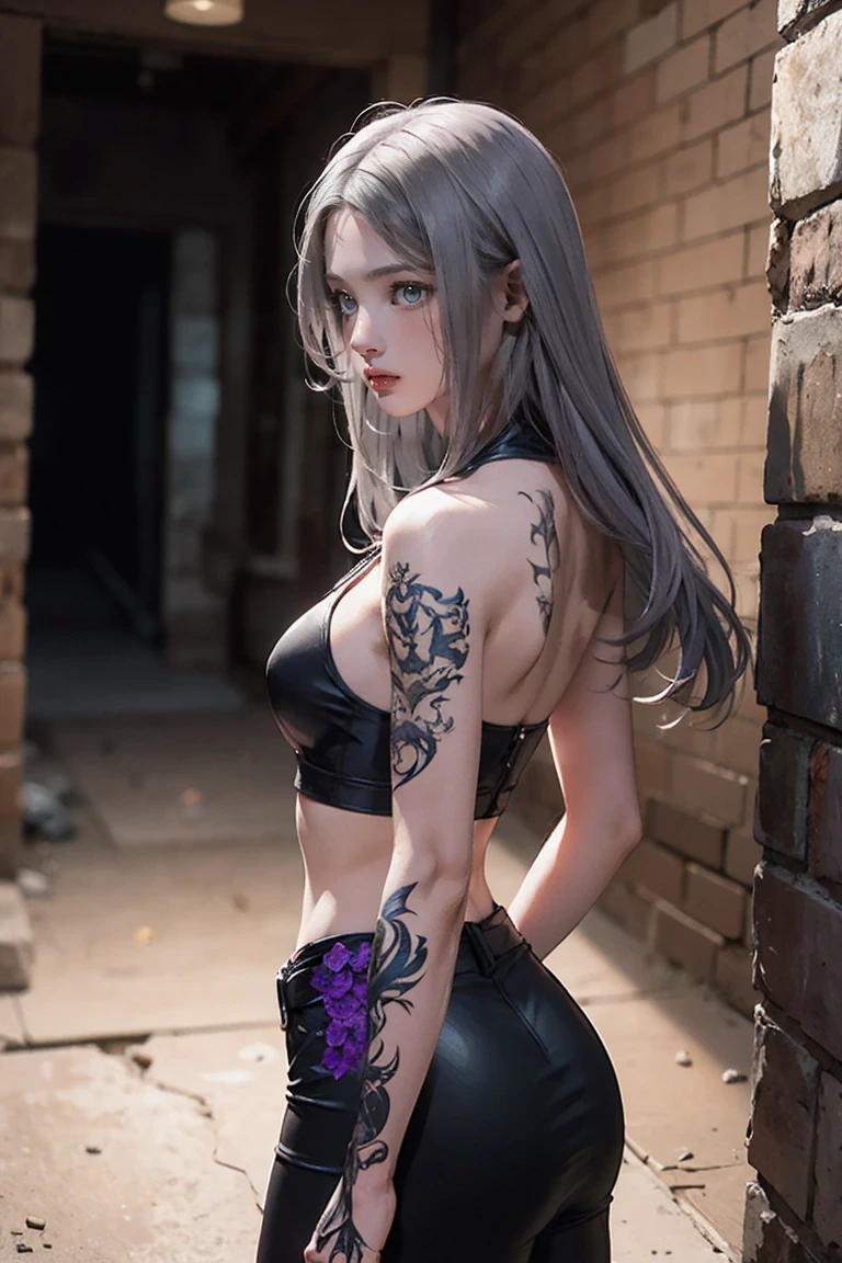 A cute woman (sexy small outfit, tattoos) in a rock music video, pouting, sexy pose near a bedroom, a fan makes a strong wind blowing her hair (show her from head to toe, show all of her)