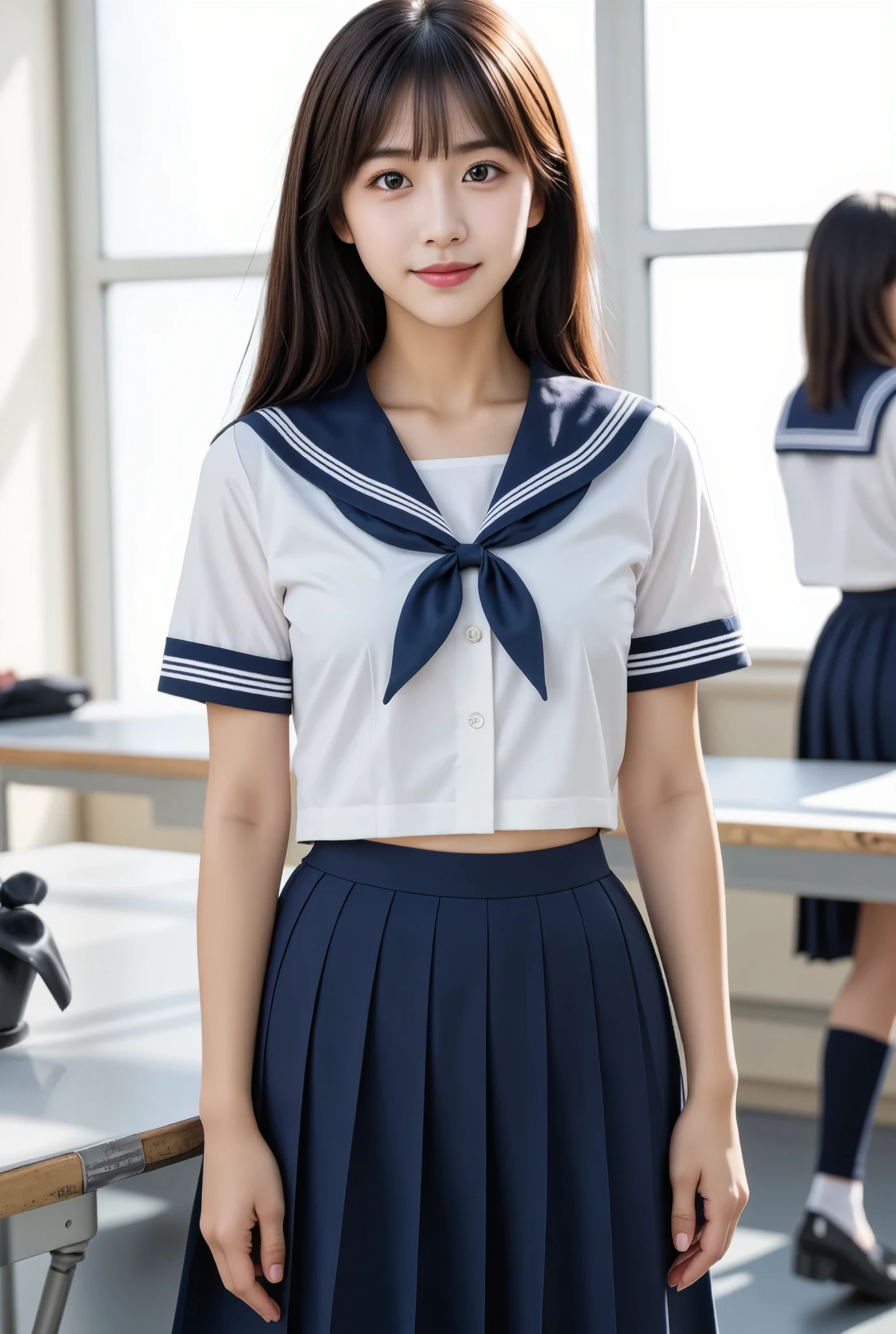 (masterpiece, best quality:1.2), 1girl, Alone, cute, Cute Japanese Girl、Beautiful Japanese schoolgirl、(Super cute idol-like face:1.2), (Sailor school uniform, Navy blue pleated skirt:1.2), Highly detailed faceと肌の質感、Sophistication、Highly detailed face、beautiful girl、Black Hair, Slightly longer bob hair、With bangs、smile, 最高級のbeautiful girl、Shining Eyes、Beautiful and sexy slim figure, (The background is a school classroom), 