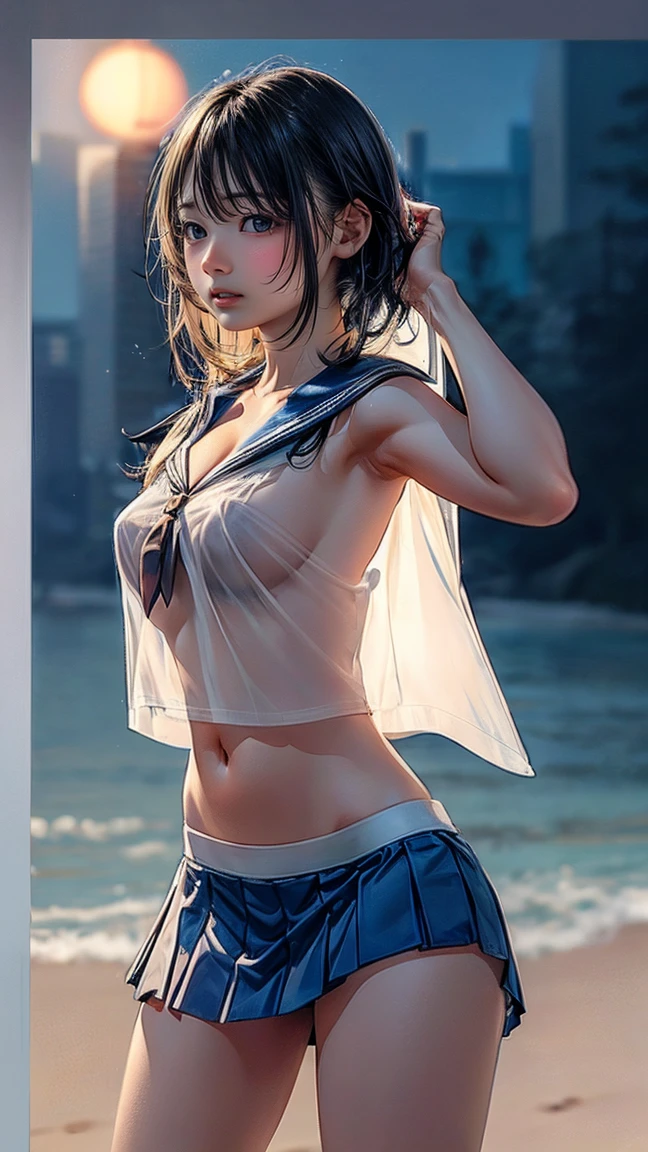 1 girl, single, blue sky, (((wet white shirt)))), ((no bra))))), exposed shoulders and entire navel, no pants, ((((wet thin line thong panties)))), almost completely naked, nsfw, panties almost transparent, (((delicate private details)), (((thin line thong panties))))