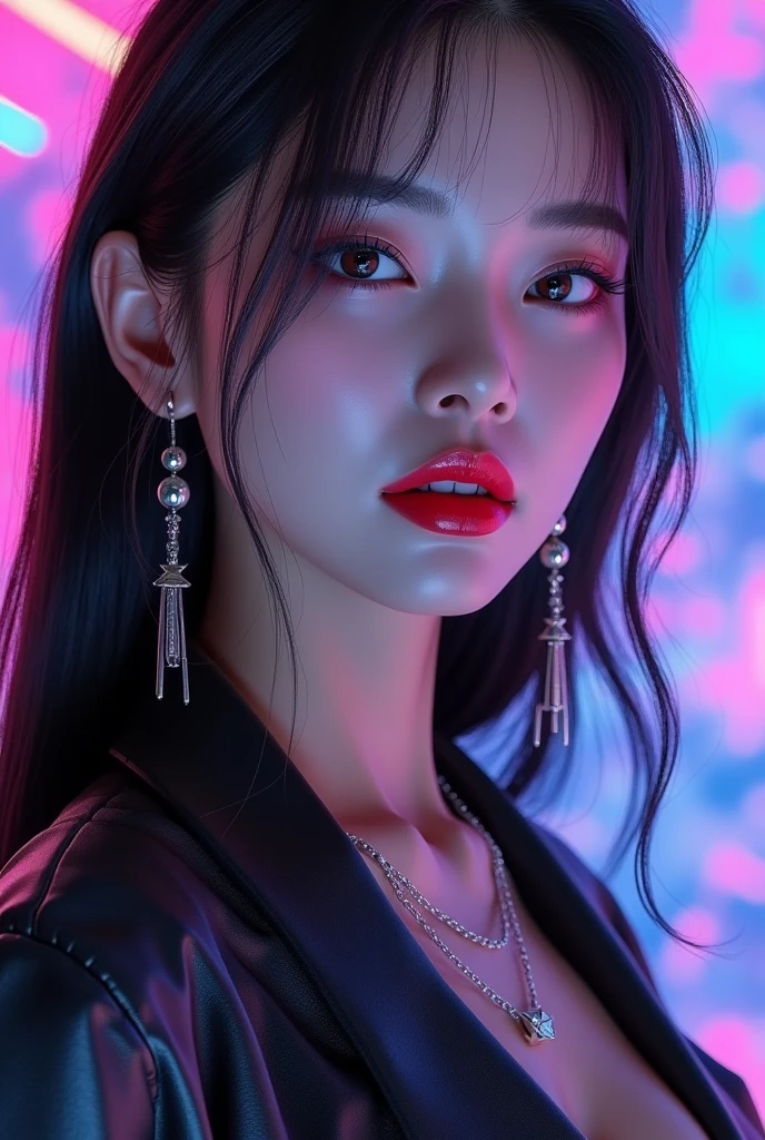 Closeup side portrait of cyberpunk asian woman, abstract neon light image in vivid, surreal iridescent colours, red lips, long loose hair, earrings, necklaces