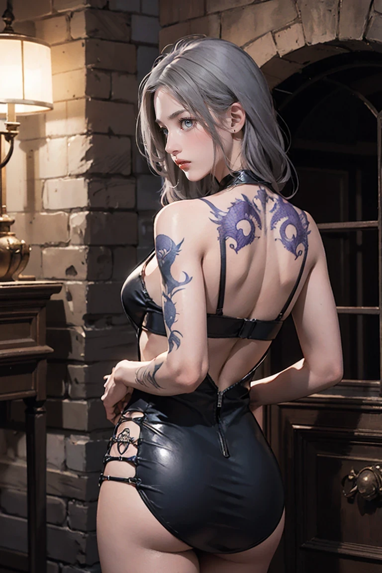 photorealistic, high resolution, soft light,1women, solo, hips up, shining skin, (detailed face), strapless leotard, pantyhose, rabbit ears, folded ponytail, white hair, necktie, wrist cuffs (wearing a satin corset and thigh highs), jewelry, tattoo, fake bunny tail, back view
