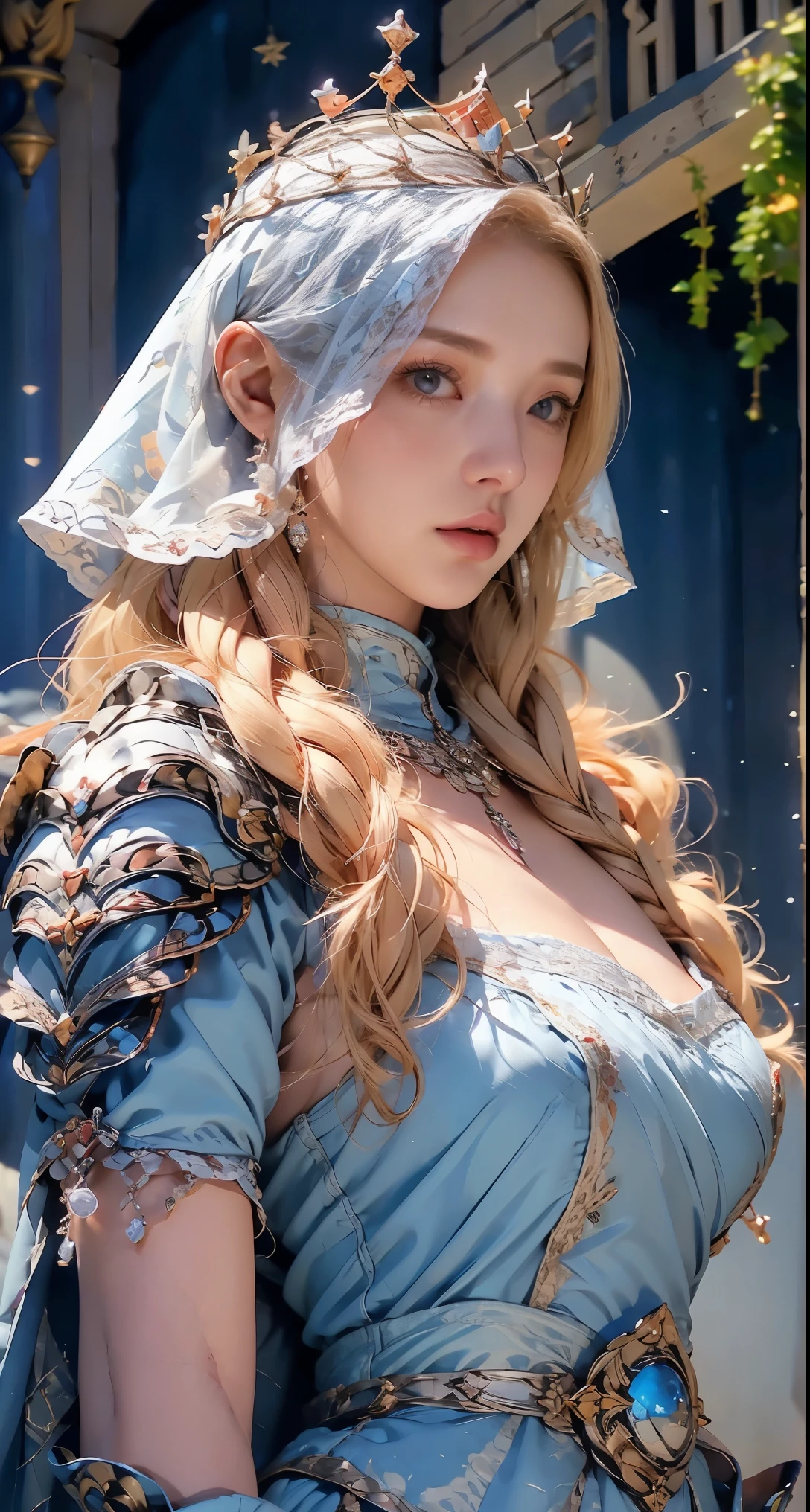 A stunning 32k or 128k resolution studio shot of a beautiful young woman with huge breasts, piercing blue eyes, and twintails blonde hair styled in a whimsical blend of Ainu traditional attire and Gothic Lolita fashion. She wears a floor-length shiny ball gown adorned with intricate embroidery, lace, and Victorian-inspired elements. Her upper body is the focus, against a plain white background lit by studio lighting. The model's pose features a subtle indentation on her chest, showcasing her impressive décolletage. Her facial expression is calm and alluring, inviting the viewer to gaze deeper into her captivating blue eyes.