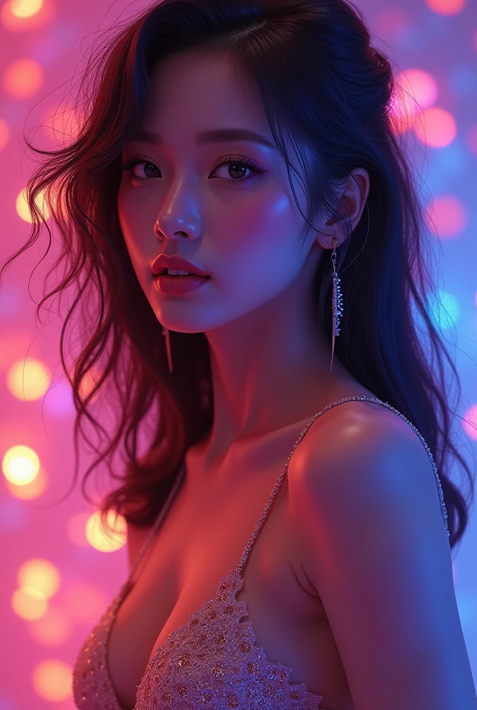 Erotic female portrait, neon splash art, vibrant surreal colours