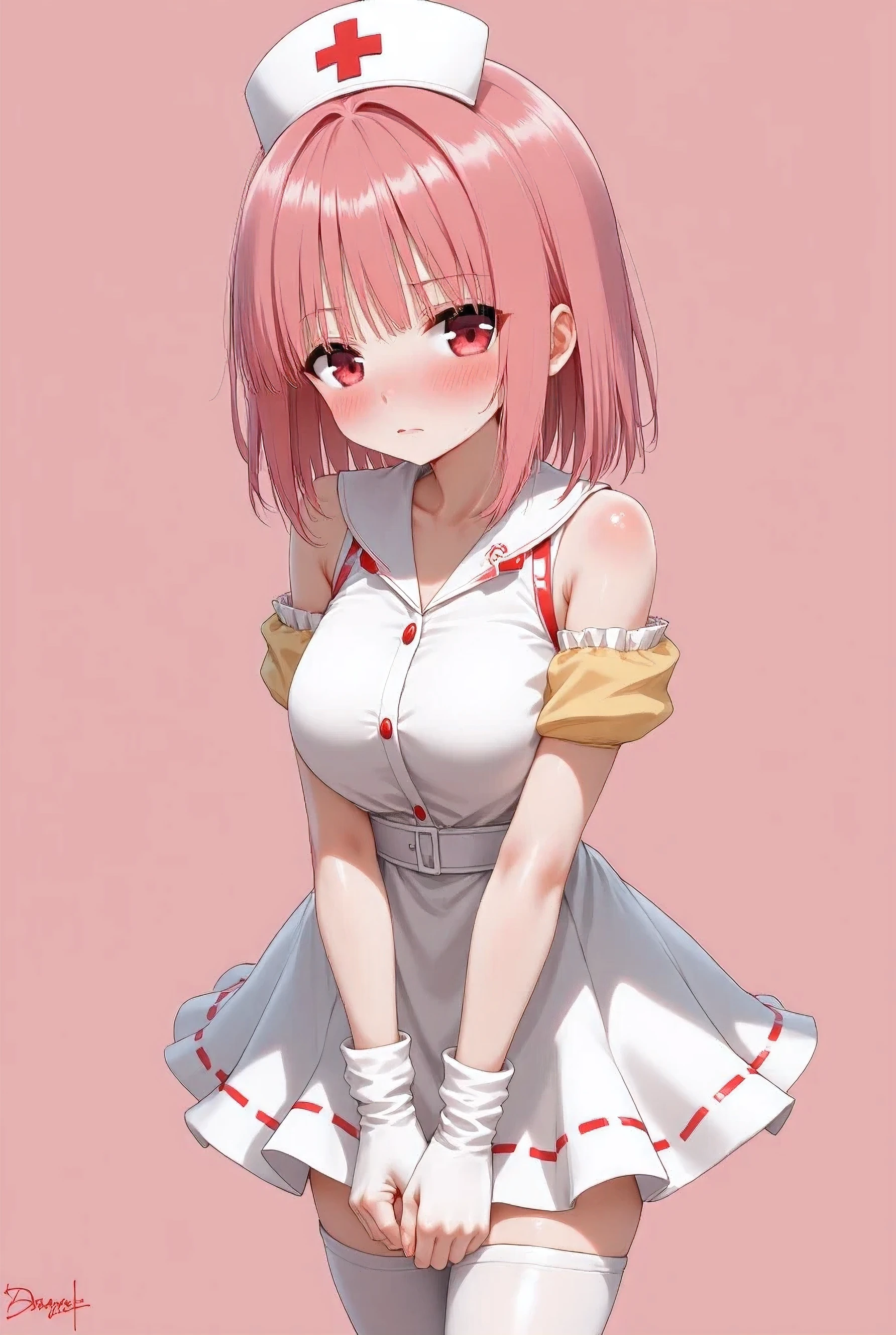 1 very young japanese girl, pink hair, blonde hair, freckled face, length hair, blushing, Shy, Red lips, pale face, close up shot, Sweet, femboy, ((tiny breasts)), ((best quality)), ((masterpiece)), (detailed), vintage, elegant, chic, sophisticated, big expressive eyes, ulzzang, high school girl、Slender、Slender body、asian high school girl, solid pink background, heavy blushing, submissive, sexy pose,  nurse uniform, slender legs, thigh highs, skinny