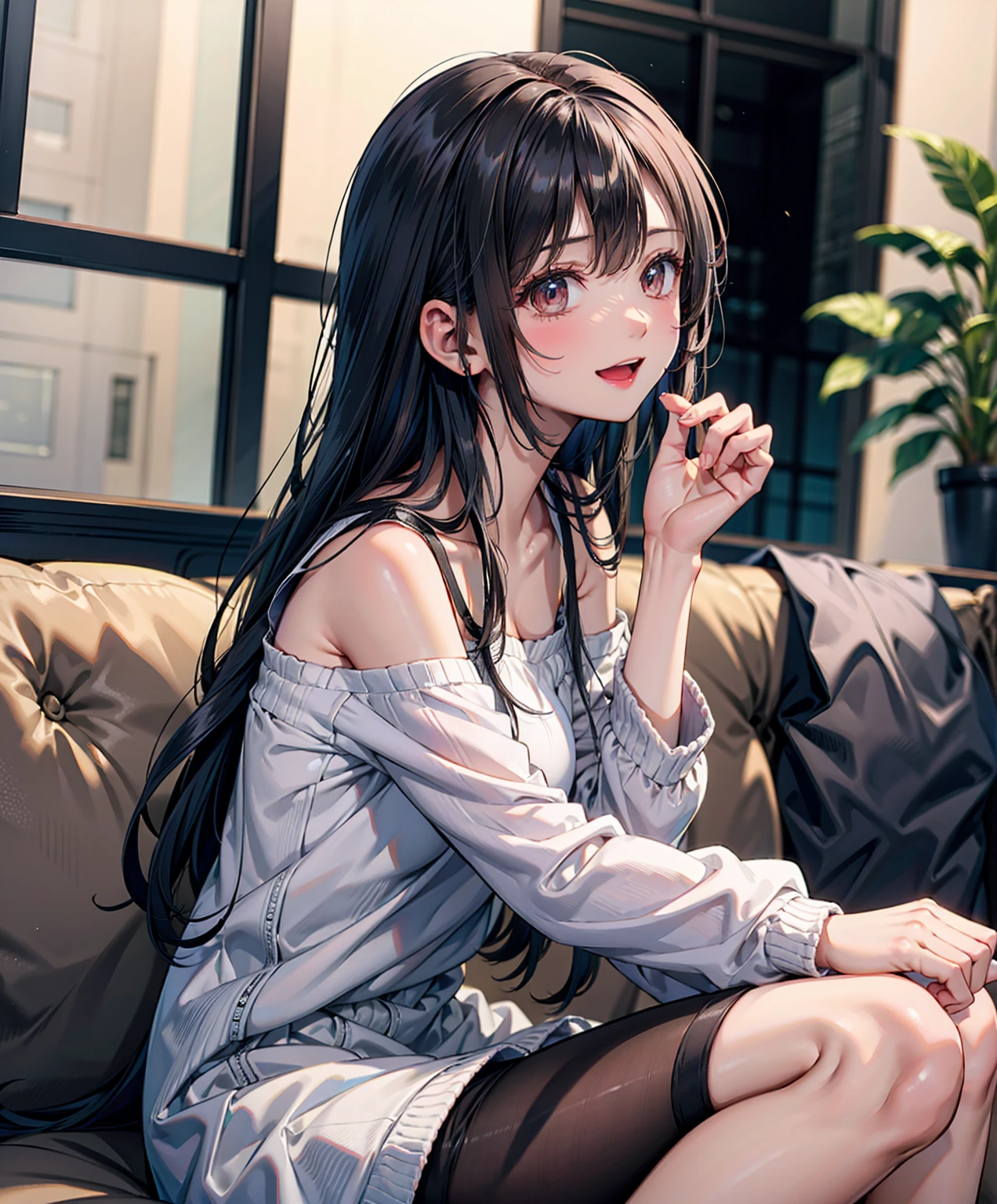 Attention to detail, high quality, high resolution, 4K, 8K, raining outside the window, the window is floor-to-ceiling glass, she is inside the coffee shop, she has long black hair, she is relaxing, she is drinking coffee, she has beautiful eyes, black eyes, casual cloths, warm atmosphere, calm atmosphere