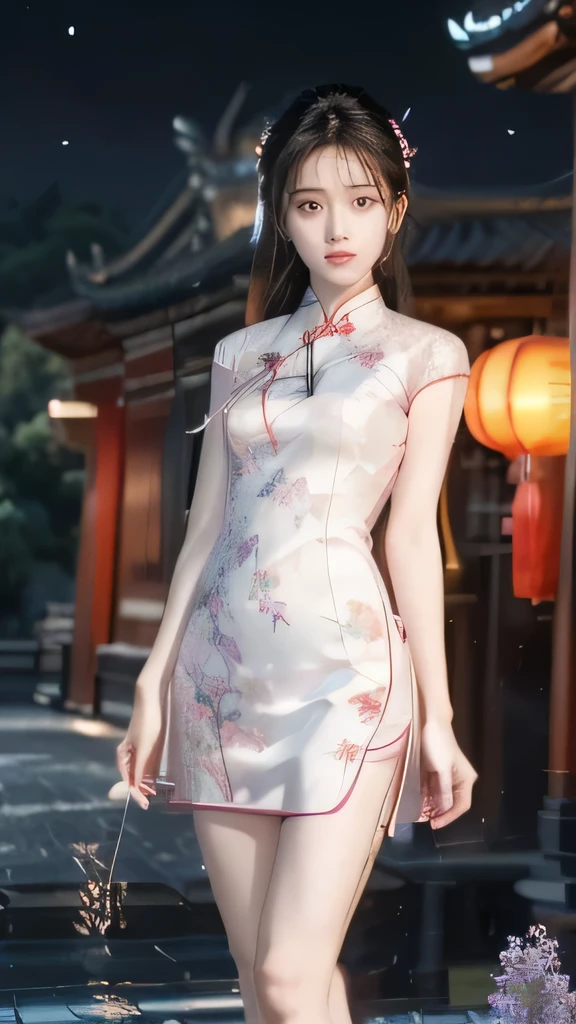 Single drawing,Chinese women,with fair skin,Good facial features,Bright red lips,Gentle gaze,Tall and tall,As graceful as a swan,Normal body proportions,Wearing a silk cheongsam,Chest flat,Bun with hair card,Peony flowers are embroidered on the cheongsam,Wear a jade bracelet and pearl earrings,Outdoor full-body photo,Side light irradiation,Chinese gazebo background,Surrounded by flowers,Large aperture lens。 --auto