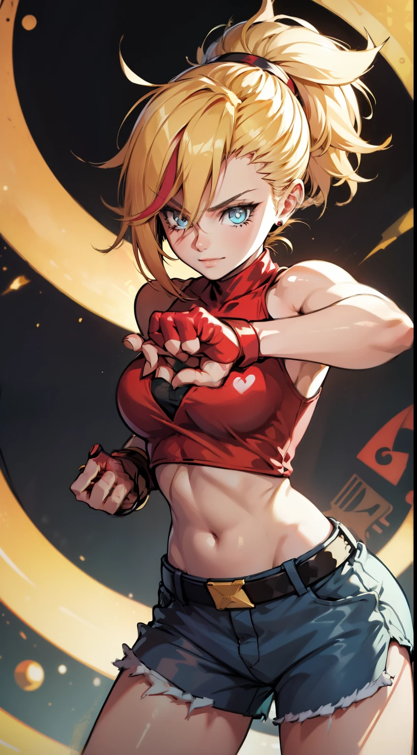 young girl, longue blonde hair, Hairpin with a bundle, turquoise eyes, Yakuza tattoos, red tight uniform, Sleeveless, Wide neckline on the chest to the abdomen, Gold Elements, Red gold armor, Shorts, claws, smirk, Masterpiece, hiquality, 4k, HD, Good detail