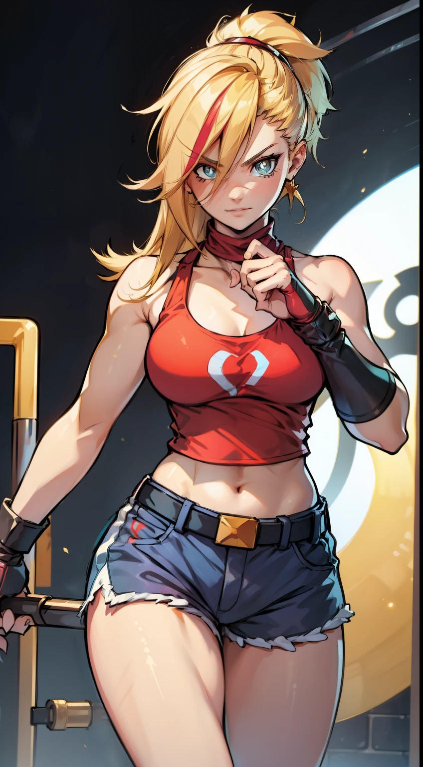 young girl, longue blonde hair, Hairpin with a bundle, turquoise eyes, Yakuza tattoos, red tight uniform, Sleeveless, Wide neckline on the chest to the abdomen, Gold Elements, Red gold armor, Shorts, claws, smirk, Masterpiece, hiquality, 4k, HD, Good detail