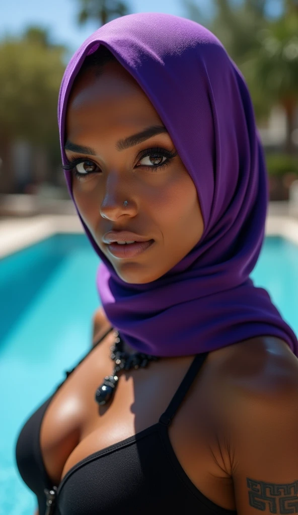 clothed bathing, kenyan, dark skin, (hijab:1.4), (robe: 1.4) (Details of a very beautiful face), wear pastel color hijab, chador, clinging to body, (Best Quality:1.4), 8K resolution, High resolution, (Photorealistic, High resolution:1.4), Raw photo, (Realistic, Photorealsitic:1.37), Gloss on lips, Parted lips, Staring at me, Nose, Realistic, the desert, cinematic lighting, taking bath in oasis, bathing in robe, wet body, (upper body shot: 1.4), see through, translucent, waist deep in water