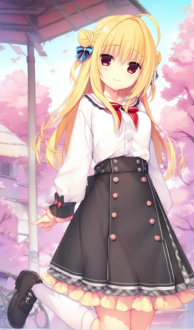 1girl,hiyori-default,red eyes,blonde hair, double bun,ahoge, long hair, (Black and white striped T-shirt:1.3),bell sleeves, long sleeves, black skirt, buttoned skirt, tight skirt, high socks, sensitive, questionable, explicit, smiling, standing, outside, 