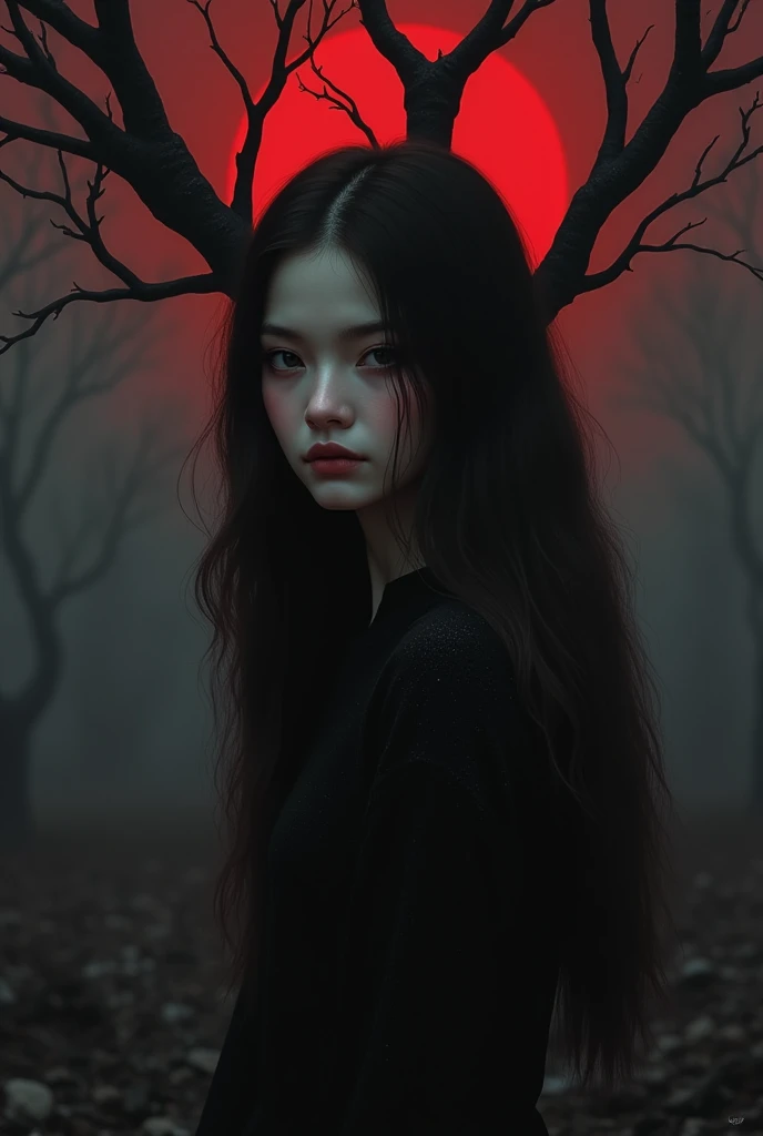 A girl standing under the dead tree, close-up, black and red palette, porcelain skin, through the darkness, dreamlike