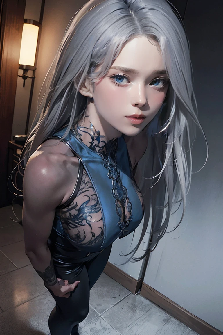 (nsfw:0.9),(Full Body Shot),(Large Breasts),((The abdominal muscles are very pronounced)), ((((Gray Hair))), Detailed portrait of an adult woman in a dark fantasy setting, Bright blue eyes that emanate a sense of danger [Detailed eyes, Bright blue:1.1], [Black Leather Look], adorned with Intricate tattoos all over her body [Intricate tattoos:1.1], He has dragon scales on his arms [Dragonの鱗のタトゥー] ,Enhance the suspenseful atmosphere. The color palette is mainly dark and muted.., with hints of Red and purple accents [A dark and muted color palette, Red and purple accents], Gives a sense of mystery and danger. The lighting emphasizes the sharp edges and Intricate details of the assassin's attire and tattoos, Add depth and texture to the overall composition [Enhances sharp edges, Intricate details]. The image quality is excellent, with Extreme attention to detail [Best Quality, Extreme attention to detail:1.2], Showcasing the talents of artists&#39;Technical skill and mastery of light and dark. The art style is realistic yet、There is also a fantasy atmosphere.., Capture the essence of the dark and intriguing world of the dungeon & Dragon [Realistic art style with a touch of fantasy],