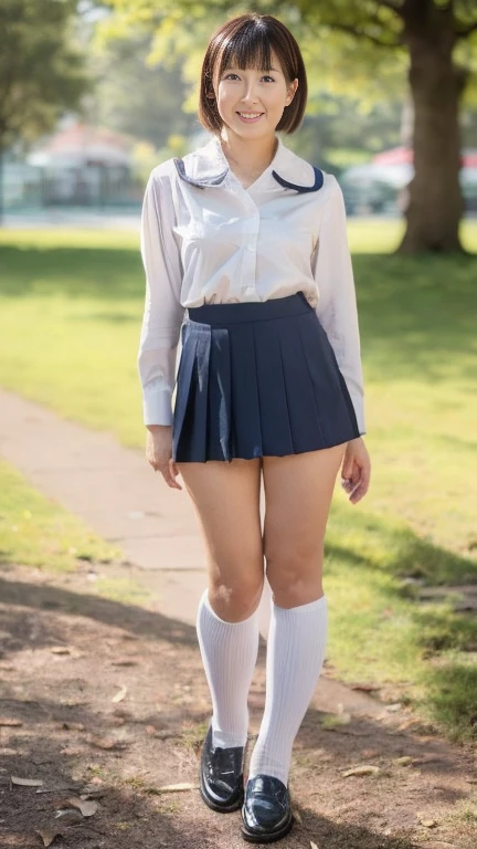 Japanese Mature,White skin,(earrings,seifuku cosplay,Short socks,Wearing loafers:1.2),(Standing in the park,Full body shot from head to toe,full body,standing:1.2),looking at viewer,smile,surrealism, depth of field, from below, Sony FE, 8k, arms up