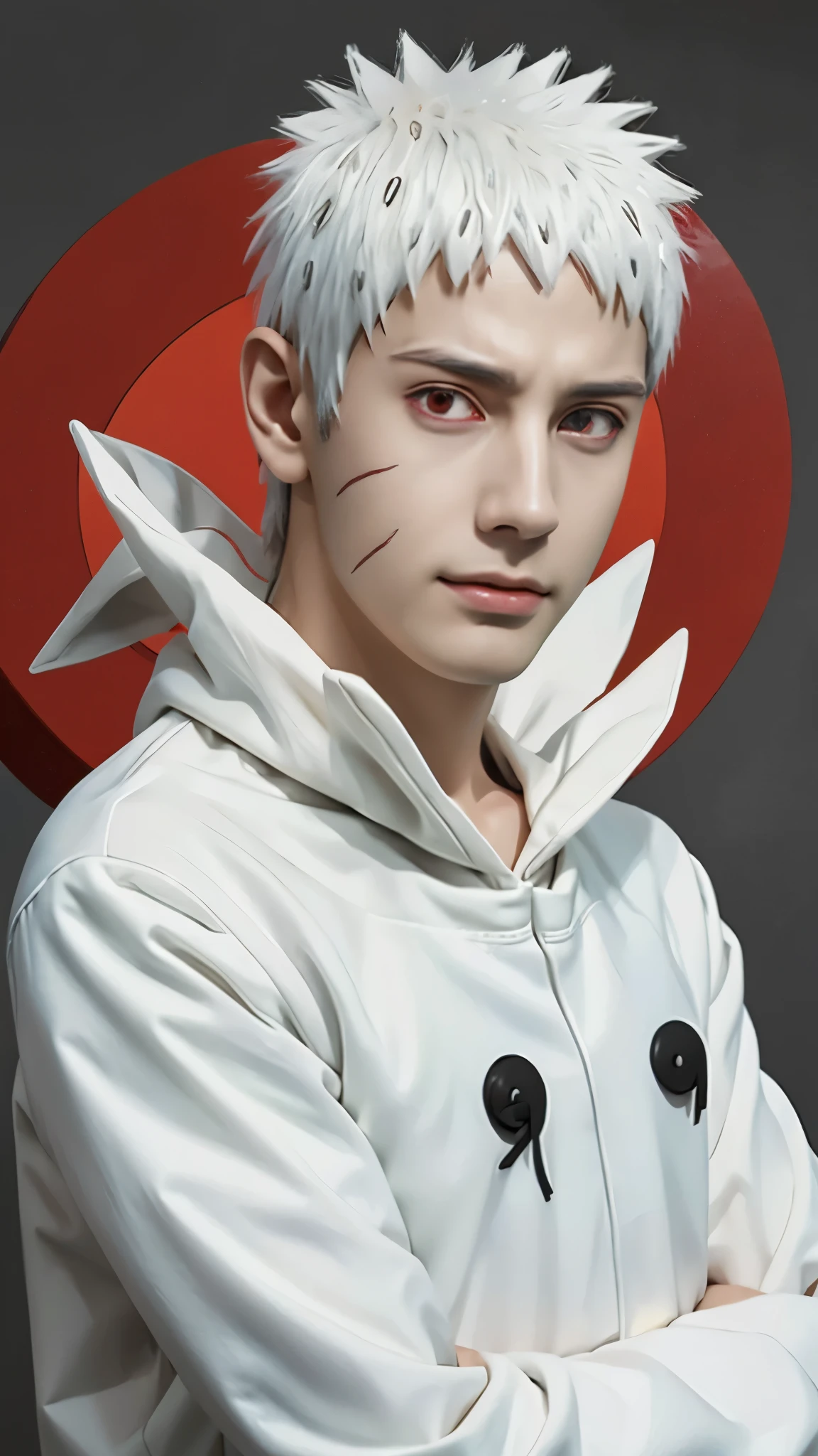 a full body of a person with short hair and a white jacket, uchiha obito, uchiha obito from naruto shippuden, as an anime character, perfect anime face, he has white hair with bangs, male anime character, anime character, anime best man, hime cut hairstyle, white hair, red eyes, smile, realistic, ultra detail, city background, (handsome face:1.3)