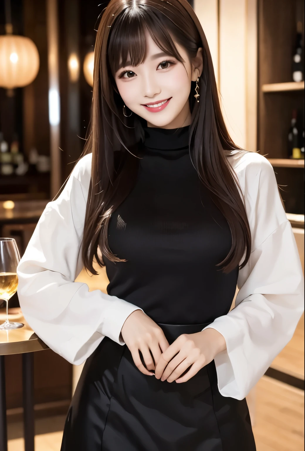 Tabletop, Highest quality, shape, Very detailed, finely, High resolution, 8k wallpaper, 完璧なダイナミックな構shape, Beautiful and detailed, Straight hair, Small breasts, Natural color lip, Random sexy poses,smile,20-year-old girl、Beautiful and dense face、Perfect and beautiful face,Big eyes、RAW Photos、Beautiful and detailed、Small face、Beautiful Duplex、Slim face and figure,Beautiful golden ratio face、Long sleeve blouse、Black shorts、smile、Blurred night view