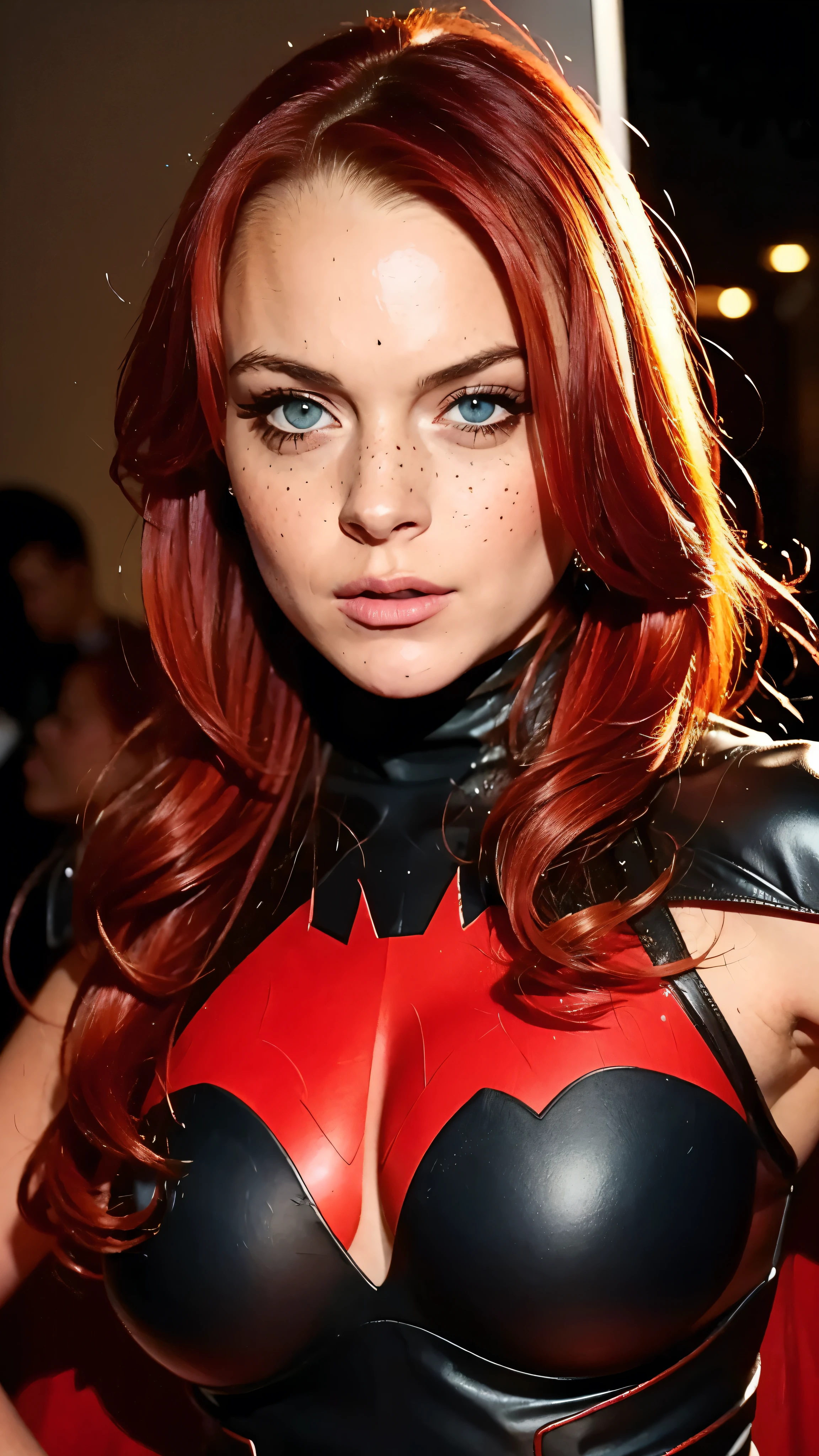 A beautiful woman with very long dark red hair, huge breasts, wearing batwoman outfit, looking at viewer, closeup half body portrait, blue eyes, no makeup, seductive expression, full seductive lips, light freckles on face and shoulders, city at night background