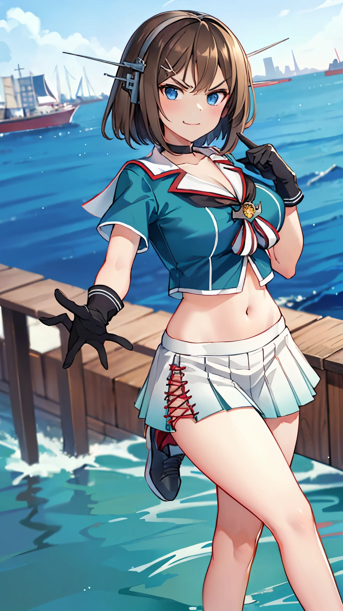 best quality, integrated scenery, integrated background, extremely delicate and beautiful, meticulous details, good composition, , cute face, perfect face, perfect hands,an anime style  ,1young_teen_ girl, brown_hair, medium_bob_hair, blue_midriff_baring_sailor_uniform, mini_skirt, short_sleeve, thighs, large_breasts, (angry_eyebrows:0.86,big_smile,standing,open_legs,large_eyes, harbor_background, slightly_spread_legs, happiness, short_gloves,headgear,