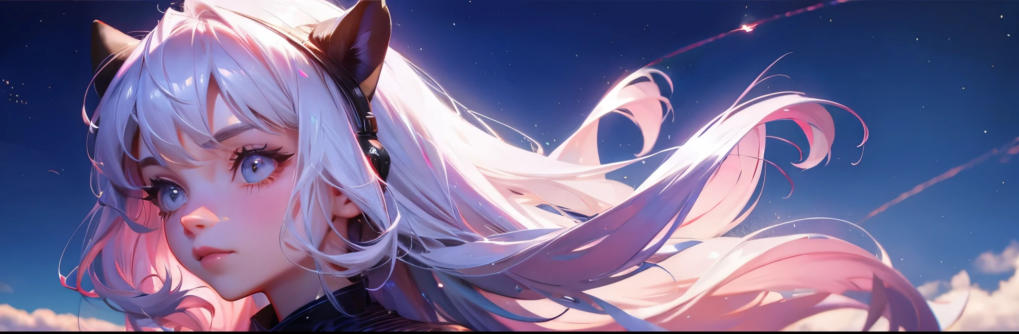 ((In Kyoto Animation Style)), super precision, masterpiece, very extremely beautiful, Princess Face, ((1 Japan Sake Girl)), ((Solo:1.5)), Big eyes, (Blue hair), (Blue eyes), ((Very long hair)), ((Straight hair)), ((Large breasts)), ((elf-ears)), earrings, Faint lips, Professional Lighting, (20 years old), Narrow waist, Shiny skin, Oiled skin, glistning skin, Looking at Viewer, Cowboy Shot, Dynamic Pose, ((Black Playboy Bunny:1.5)), Latex, Laughing, grass field, Sit up, tussock,