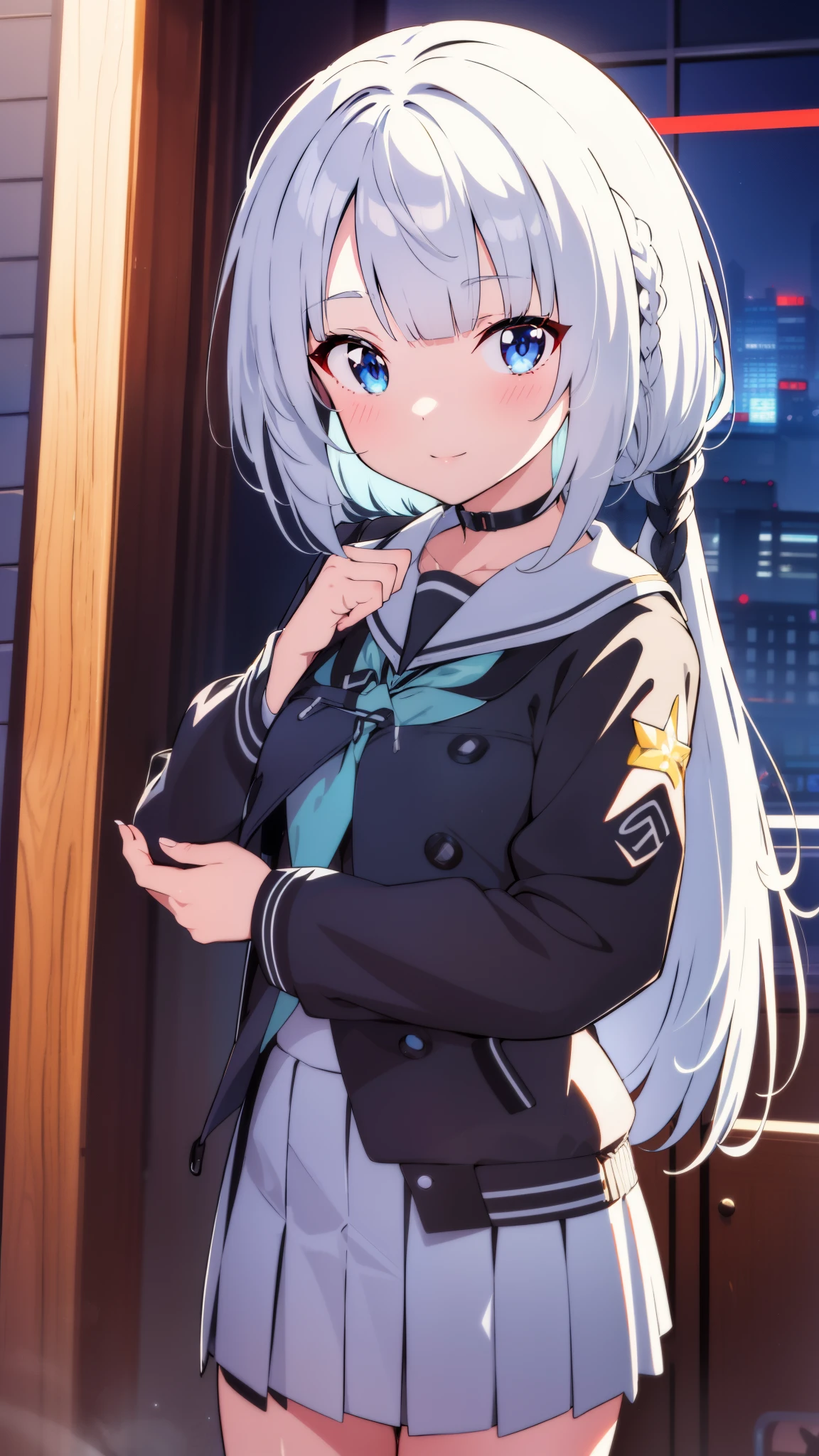 solo girl  rgb ray tracing gaming room les neon gaming pc gaming ray tracing vtuber nekomimi white hair blue eyes school uniform navy 1 girl, High resolution, long hair, blush, smile, perfect body anatomy perfect perfect hands