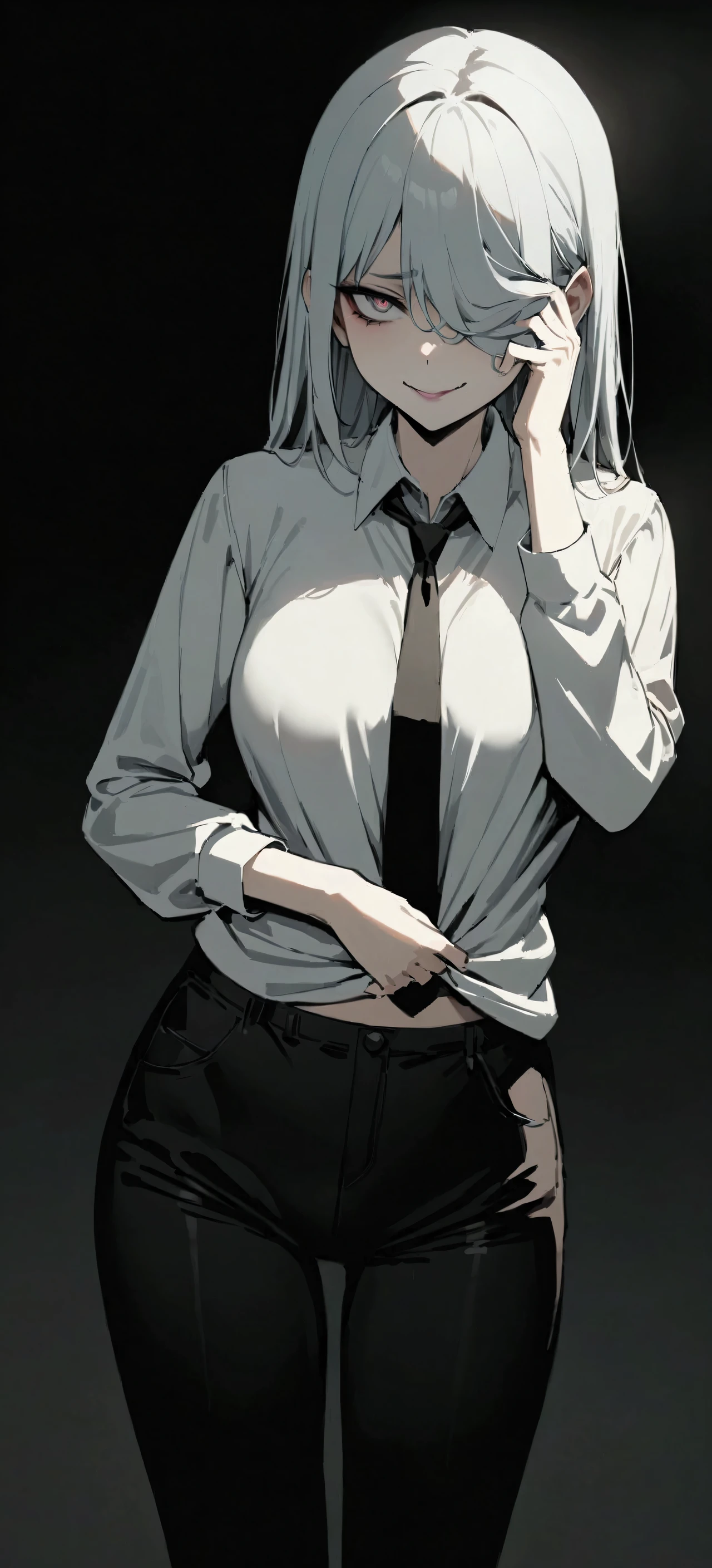 (masterpiece:1.2, The best quality), 1 woman, top del cuerpo, long sweater down to her buttocks, black pants,black tie, casual, medium breasts, gray hair covering one eye,, Minimalist makeup,pale,natural fabrics, close up of face, evil smile, heteroctomy eyes bright circular pupils,8k high resolution, detailed lines, (( top)), black background ,