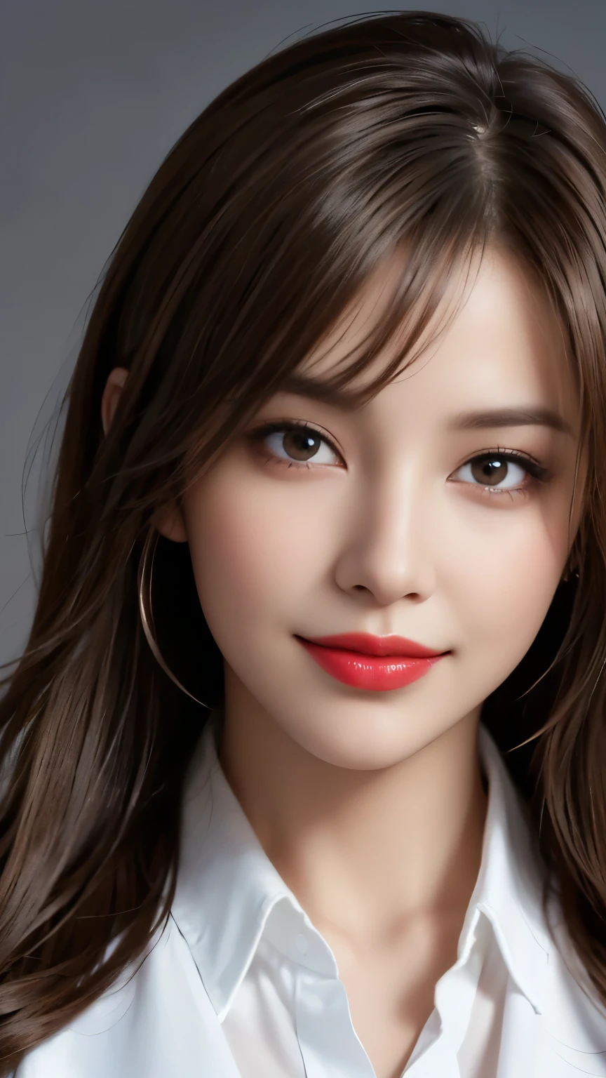 Tabletop, highest quality, Realistic, Very detailed, In detail, High resolution, 8k wallpaper, One beautiful woman,, Light brown messy hair, Wearing a business suit, Sharp focus, Perfect dynamic composition, Beautiful fine details, Fine hair, Detailed and realistic skin texture, smile, Close-up portrait, Model Body Type, red lipstick, sensual Lipstick