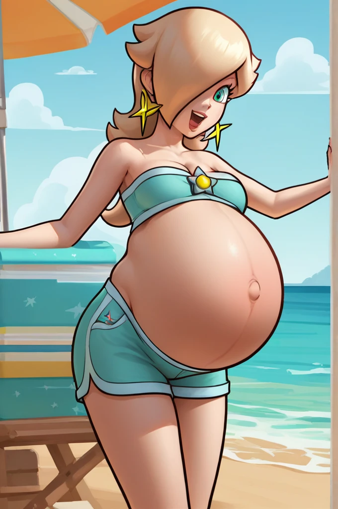 score_9, score_8_up, 1girl, solo, rosalina, style parody, thick outlines, Maternity dress, shorts, pregnant belly, big belly, sleeveless, strapless, cleavage, indoors, beach, happy, showing his belly, 