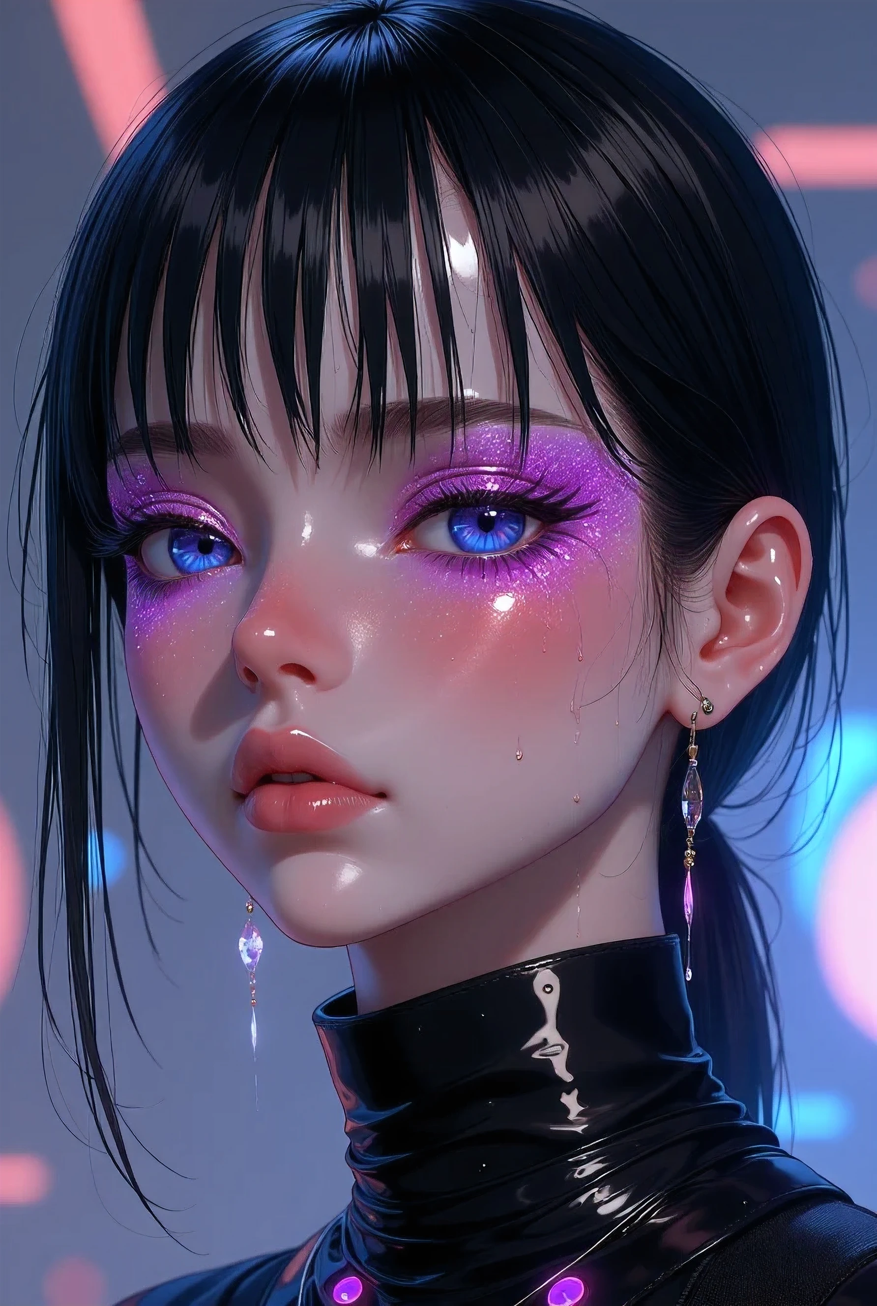 80’s glam rock makeup on shiny android face, anime, 2.5D, Glittery face, moody lighting, (purples, pinks, and blues), iridescent face, abstract ai model, pretty, sexy, minimal, sleek, slender, asian, elegant, chic, futuristic, retro, sophisticated half human half machine, close up face portrait,
