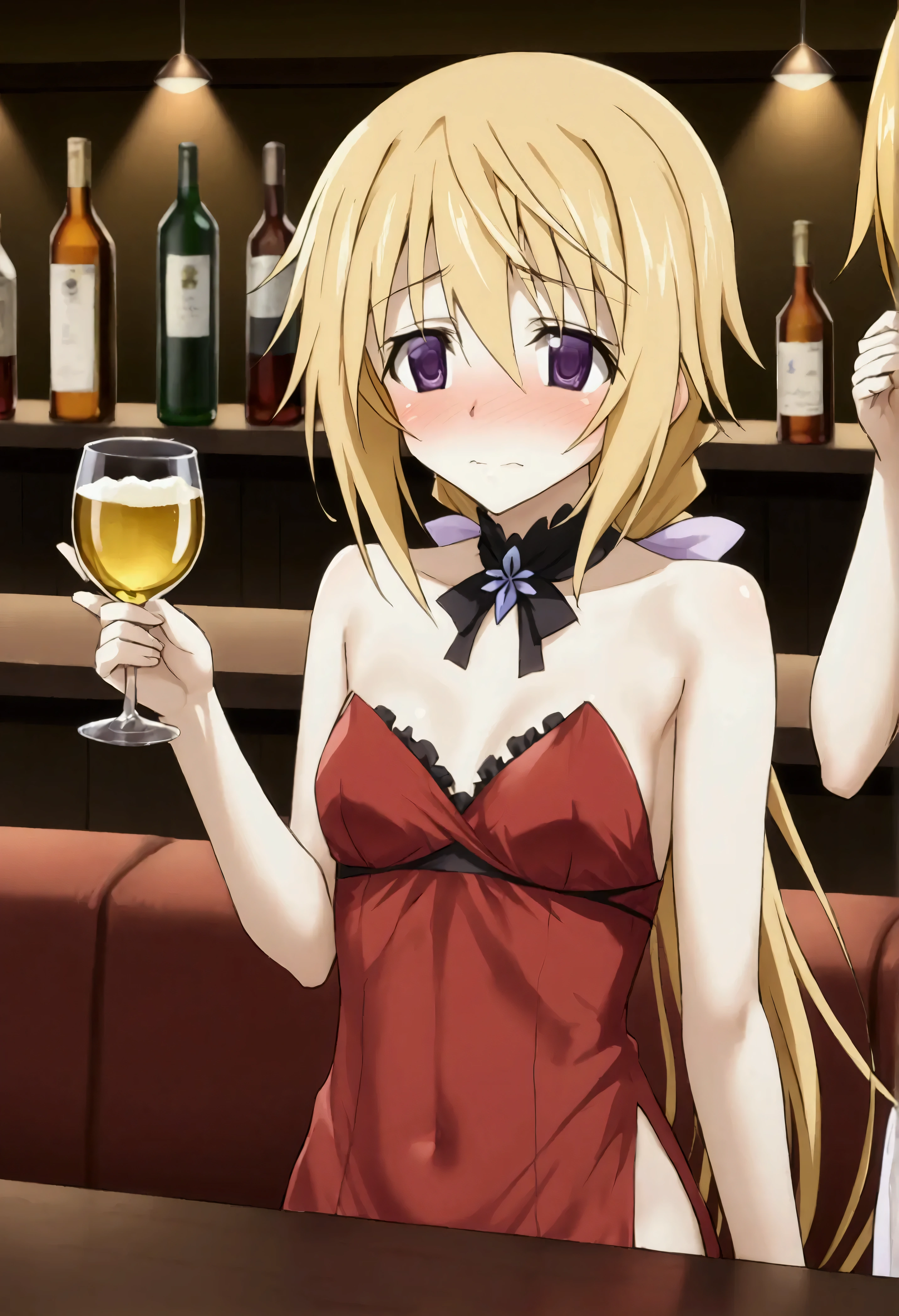 One girl, Blonde, Long Hair, View your viewers, Yellow Eyes, bangs, blunt bangs, full body, Mouth closed, black playboy bunny), (black fake rabbit ears), upper body, looking at viewer, indoors, Underexpose Lighting, bar