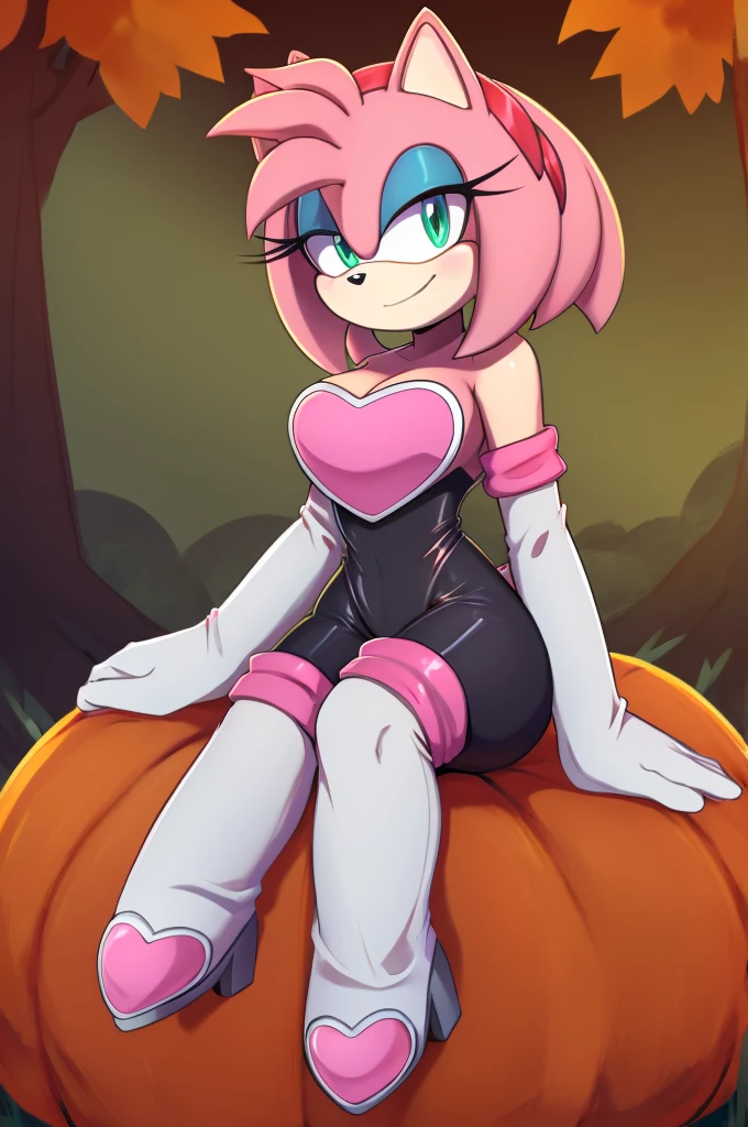 Score_9, score_8_up, 2D, flat color, looking at viewer, (1girl), (solo), very detailed, extremely detailed, Amy Rose from the sonic the hedgehog series, portrait, smile, looking at viewers, hair down, hair bangs, large bust, milf, Rouge cosplay, cosplay, Rouge outfit, she wears a black skin-tight and strapless low-cut jumpsuit, a pink heart-shaped chest plate outlined with thin white trim, elbow-length white gloves and thigh-high high-heeled boots with pink cuffs to match them, with the latter featuring both gray soles and heels, along with steel toes in the appearance of pink hearts, matching her jumpsuit's chest plate, sitting on a big Jack-o-lantern pumpkin on a hill in the autumn forest. Legs crossed