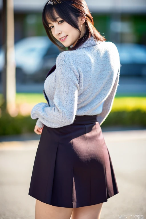 ((highest quality)), ((masterpiece)), (detailed), Perfect Face, Top, highest quality, High resolution, Hmph, Perfect Pixel, 4K, Hmph, Hmph))), 1 girl, single, alone, Beautiful woman、I could see the whole body、 ((Mid-wave hair, bangs, brown hair)), ((Brown eyes, Beautiful eyelashes, Realistic eyes)), ((detailedな顔, blush:1.2)), ((Smooth texture:0.75, Realistic texture:0.65, Realistic:1.1, Anime CG Style)), Medium chest, Dynamic Angle, Perfect body, ((Red bow tie, , Black jacket, Open jacket, Brown cardigan, White shirt, Black Skirt, Checked skirt)), City Stairs、looking up from the bottom of the stairs、Very embarrassing panic smile, looked back、Lean forward、(The wind blew up her skirt, exposing her buttocks..、Hurry and hold my ass、Pink lace panties:1.3)