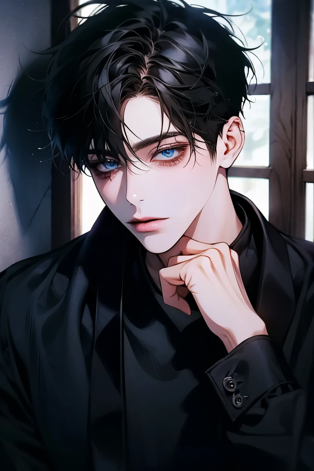 Anime boy with black hair and blue eyes in a black shirt - SeaArt AI