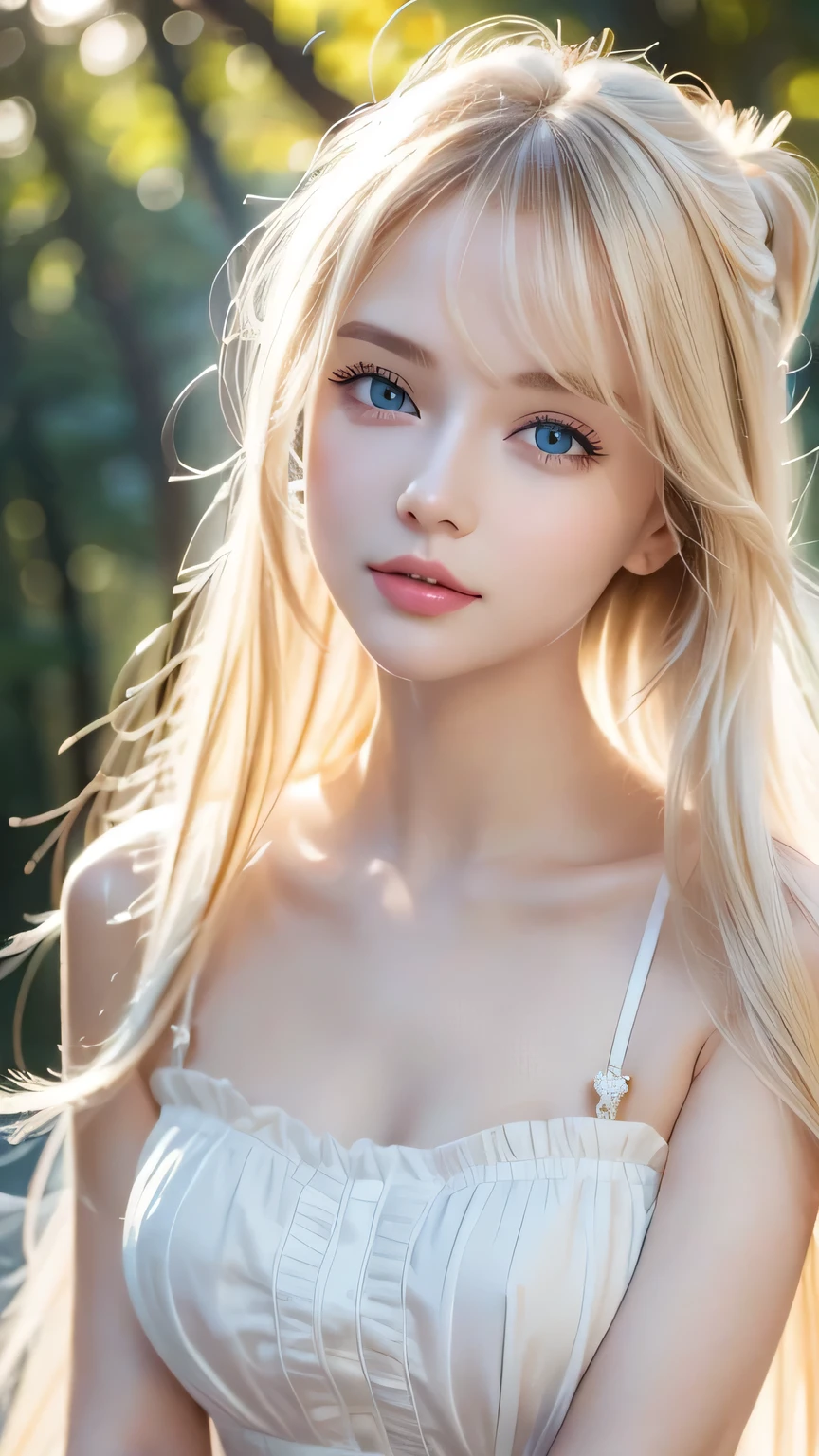 masterpiece、A beautiful blonde girl of Scandinavian descent、Best Quality、High resolution、Highly detailed photos、Professional Lighting、(((Upper body naked)))、Strike a Pose、Sexy maid in the magical forest、The frilly apron must be worn on the lower body only、Portrait、Bright expression、Young shiny white skin、The best looks、Blonde reflection、Platinum blonde hair with beautiful highlights、Shiny bright hair、Super long, smooth, straight, silky hair、Shiny, beautiful bangs、Bangs between the eyes、Sparkling crystal clear attractive big incredibly bright blue eyes、Very beautiful, lovely, cute 22 year old girl、Ample Bust、ponytail、Cowboy Shot、Photorealistic、round face、Small Face Beauty、Cheek gloss highlighter、A beautiful girl
