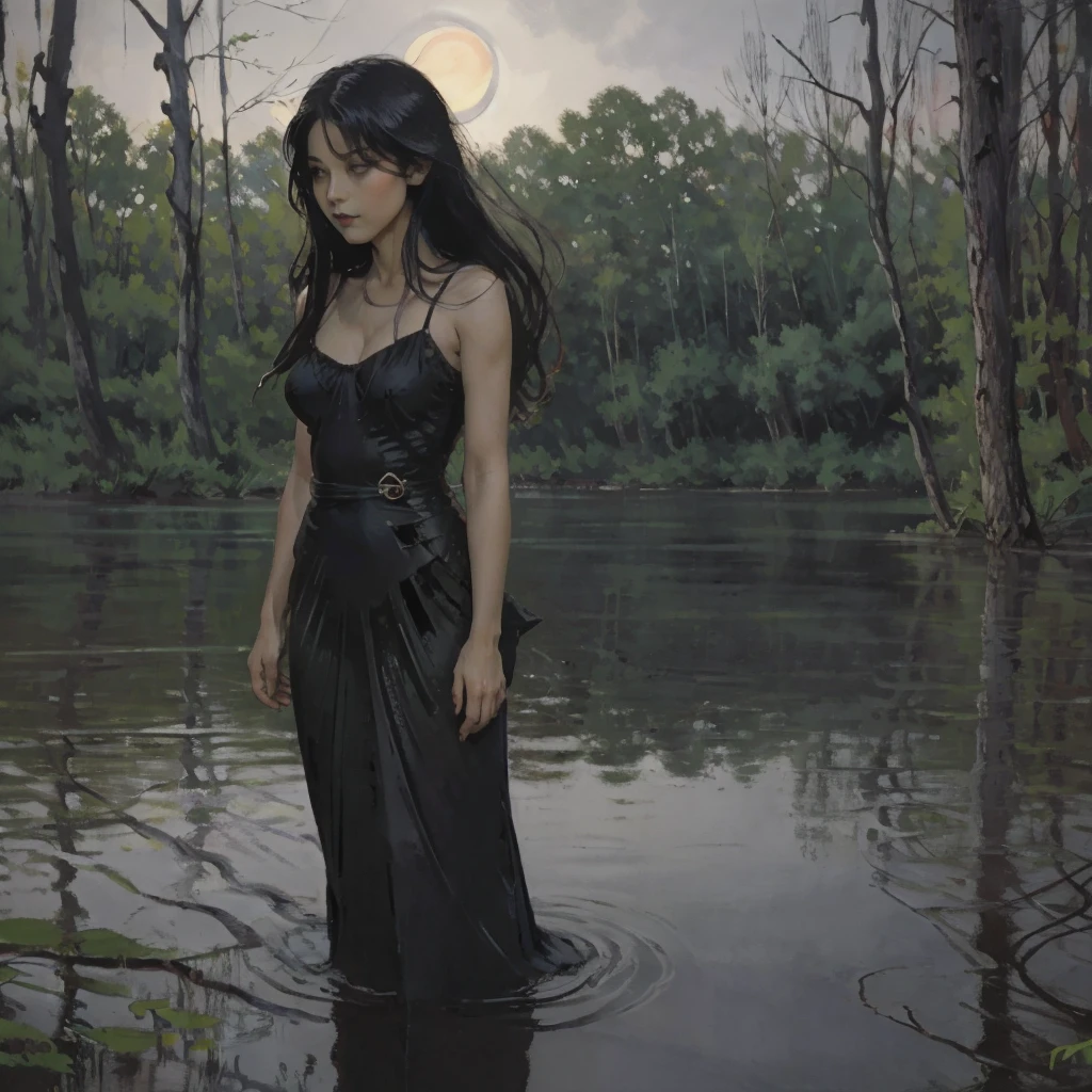 Ultra realistic,  high quality,  sharpness focus, A beautiful, enigmatic woman with an athletic, slender figure stands by a dark, misty lake in a shadowy forest. And hot woman, her hot body is wrapped in delicate, flowing fabrics that sway in the breeze, barely illuminated by soft, ethereal moonlight. The trees are twisted and ominous, and a dense fog blankets the background. Her gaze is intense and alluring, creating a sense of mystery and desire. The scene has a dark, seductive, and magical atmosphere, with a balance of shadow and light, evoking tension and hidden power, dream atmosphere, cinematic, deep field, dark fantasy snd horror aesthetic