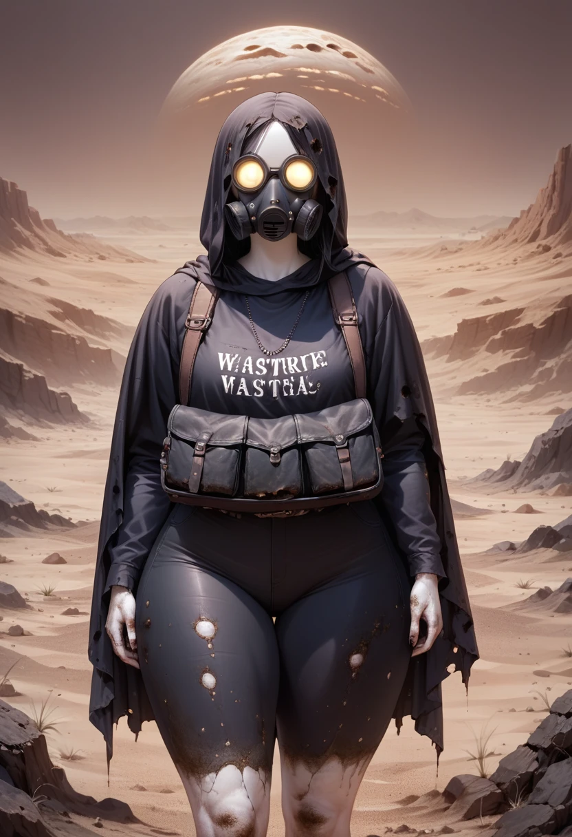 A woman, smooth skin, white skin, big eyes, small torso, huge ass, Wide hips, fleshy legs, thick thighs , (The best quality), masterpiece, horror, ghost, tall, lost look, depressed, (She is wearing an old leather cloak that covers her entire body along with a gas mask that covers her face.), She carries a backpack on her back, (ultra high Bloom), (high-contrast), (High quality Shaders), (shadows), (Ultra shadow quality), (hyperrealism), (She is lost in a desert of ashes), expressionless face, Dirt stains on the body,