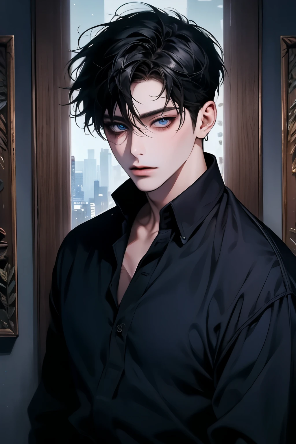 A close up of a person wearing a black shirt and a black shirt - SeaArt AI