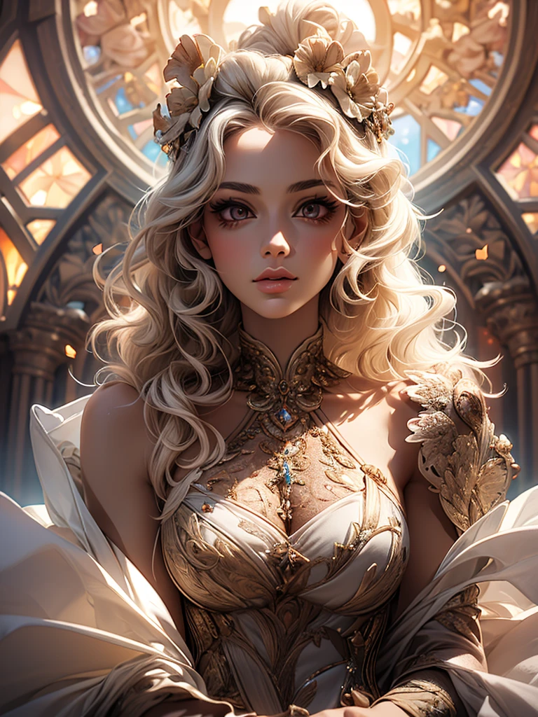 (Best Quality,8k,CG),Upper body details,One Girl,Floral forest background,Complex facial features,Elegant long curly hair,Large almond-shaped eyes,Detailed eye makeup,Long eyelashes,Twinkling Star,Stunning lip details,Soft and harmonious style.