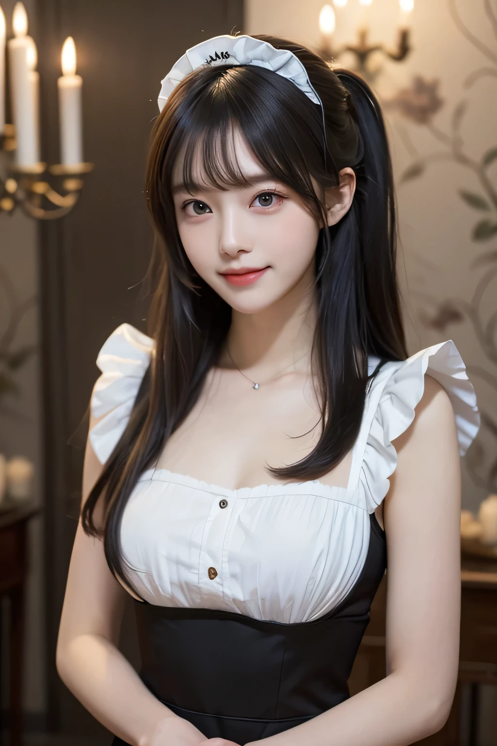 masterpieceThe best quality, Highly detailed CG Unity 8k wallpaper, Japanese, pretty girl, Medium Hair, Disheveled Hair, Asymmetrical bangs, chest is open, Large、Black maid outfit, smile, Suspicious interior、A mansion where monsters live, At night, Candlelight illuminating the room、Sophisticated Wallpaper、Blurred background