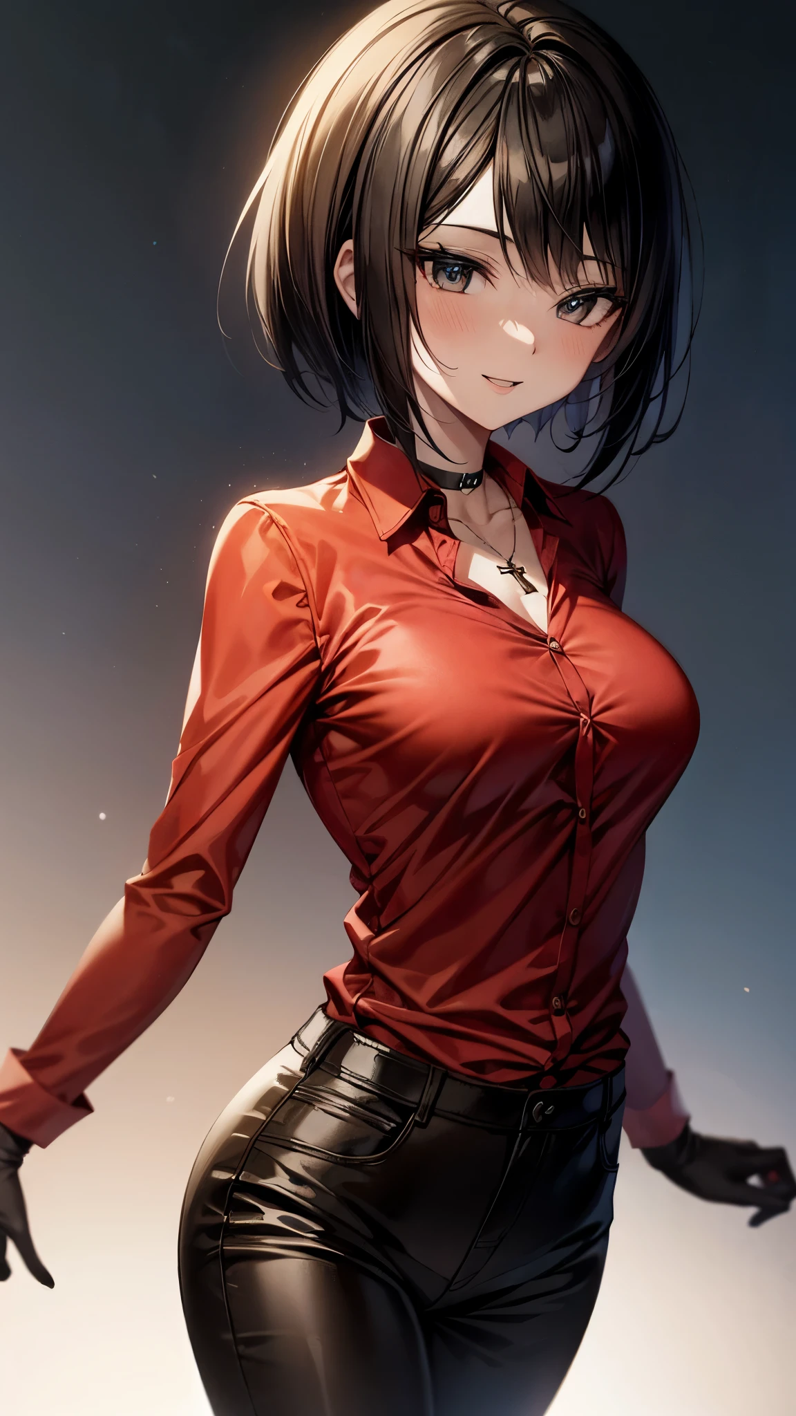 （super high quality,Ultra-high resolution,16k,super masterpiece,Ultra HD ,Detailed shading,）Upper body photo,One sexy mature woman,Short black hair with side-swept bangs,A red shirt suit with unbuttoned, open half-sleeves,Cross Necklace,Black long gloves,Tight black pants,Black long boots,smile,Background overlooking the night view,