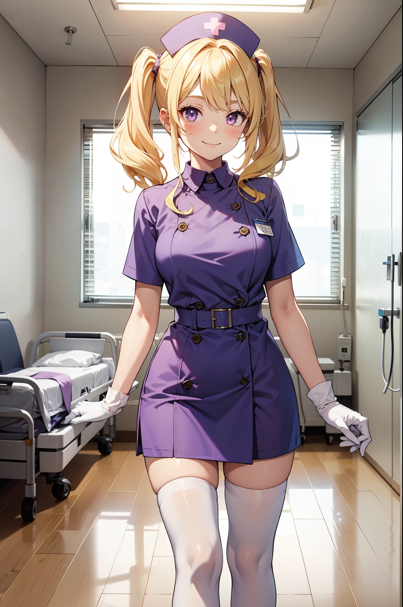 1girl, solo, nurse, nurse cap, white nurse uniform, ((white legwear, zettai ryouiki)), white gloves, twintails, yellow hair, purple eyes, smile, standing, ((hospital room)), sharp outline, short sleeves, best quality, masterpiece