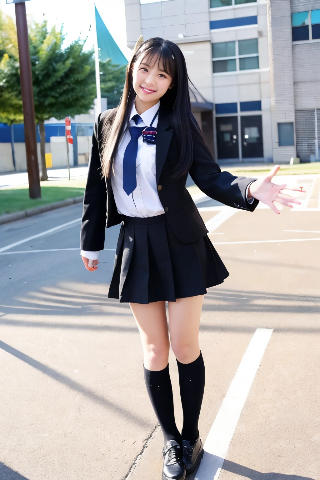 full body,from below,A 14-year-old junior high school girl with long black hair wearing a school uniform with a scared