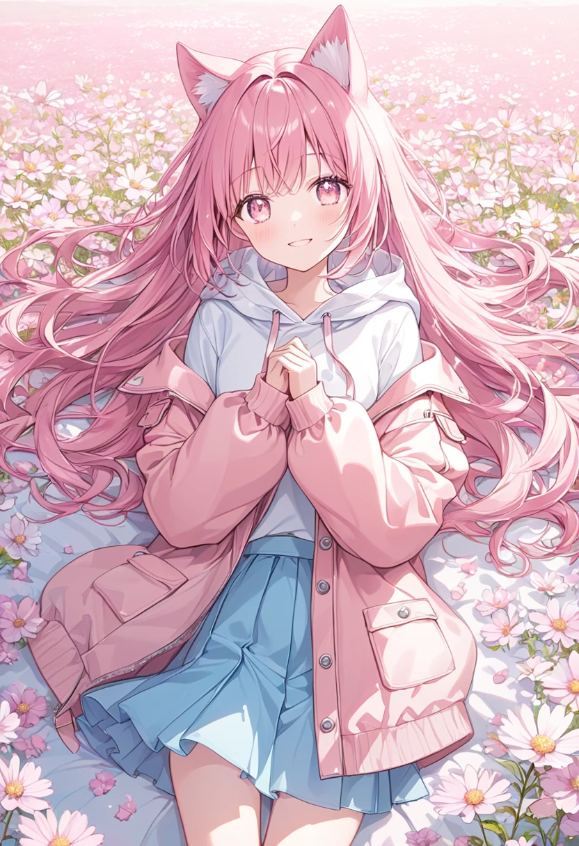 A smiling woman,pastel,smile,happiness,Pink Base,Pink eyes,Shining Eyes,Animal Ears,Pink Hair,Long Hair,Braided on the side,A worn out pink coat,White hoodie,Light blue skirt,Pink mixed,Light color,Cosmos field,Emphasize,A masterpiece held in both hands,Best Quality,Exquisite,8k,Absurd,Ultra-detailed illustrations,(Watch the audience)