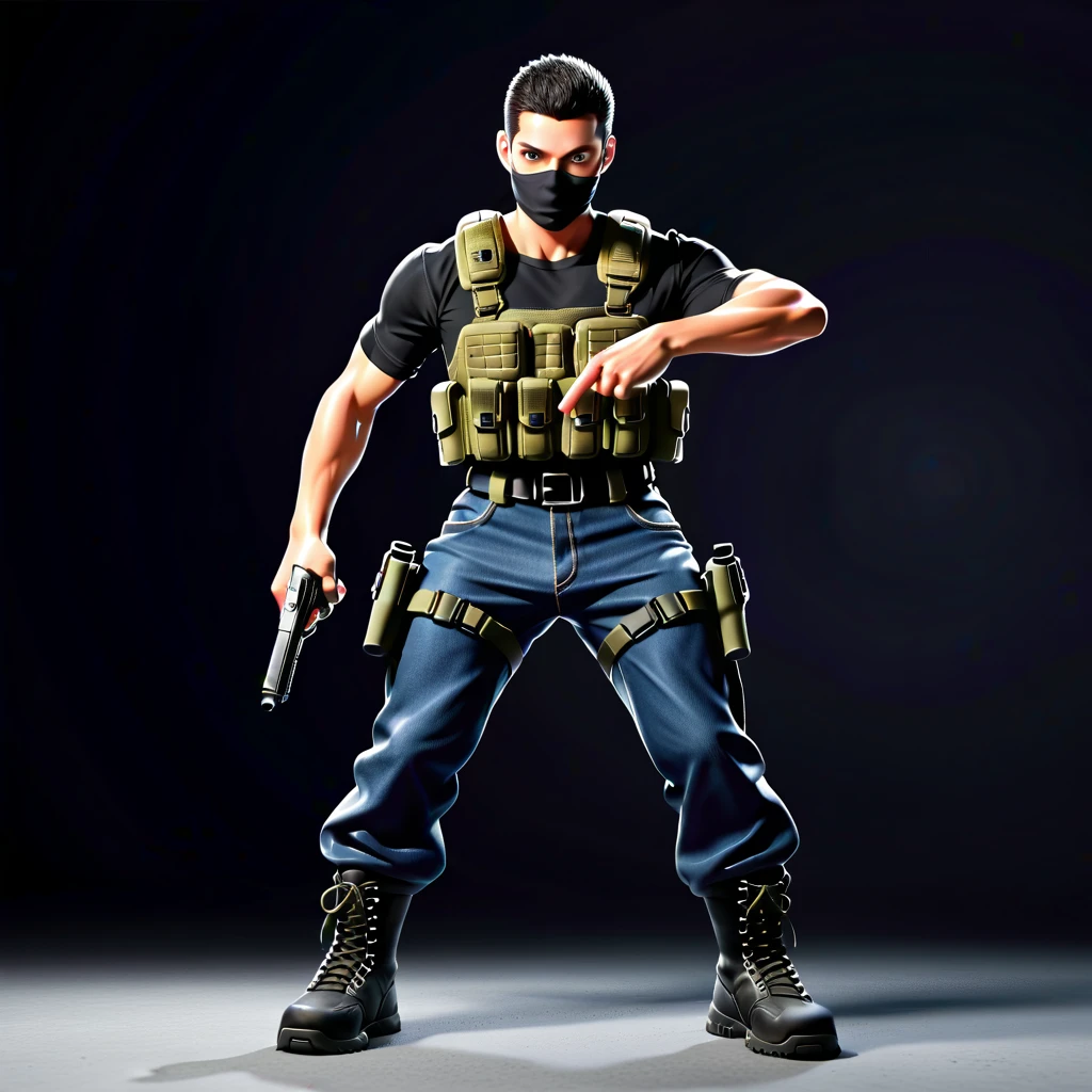 action movie style, no ArtStation, , + anime 8k, Berserk art style, masterpiece, best quality, 1 , male focus, age 23-29, Japanese, belt, killed, black hair, medium hair, neck fringe, Braid, brown eyes, gloves, pistol, tem, Mask, military, black tactical uniform, mouth Mask, pants, combat boots, ((amputated right arm, robotic left arm, belt-fed machine pistol, machine pistol placed on right arm, right robot arm, weapon arm, pistol arm)), ammunition belt, ammunition belt in the pistol, Alone, Alone focus, black tactical Mask, tactical vest, coldre de pistol retrátil, weapon, snowy war zone, Serious, dynamic action pose, firearm, holding pistol, aiming pistol, firing pistol, Serious, atmosphere of danger, full body with costume