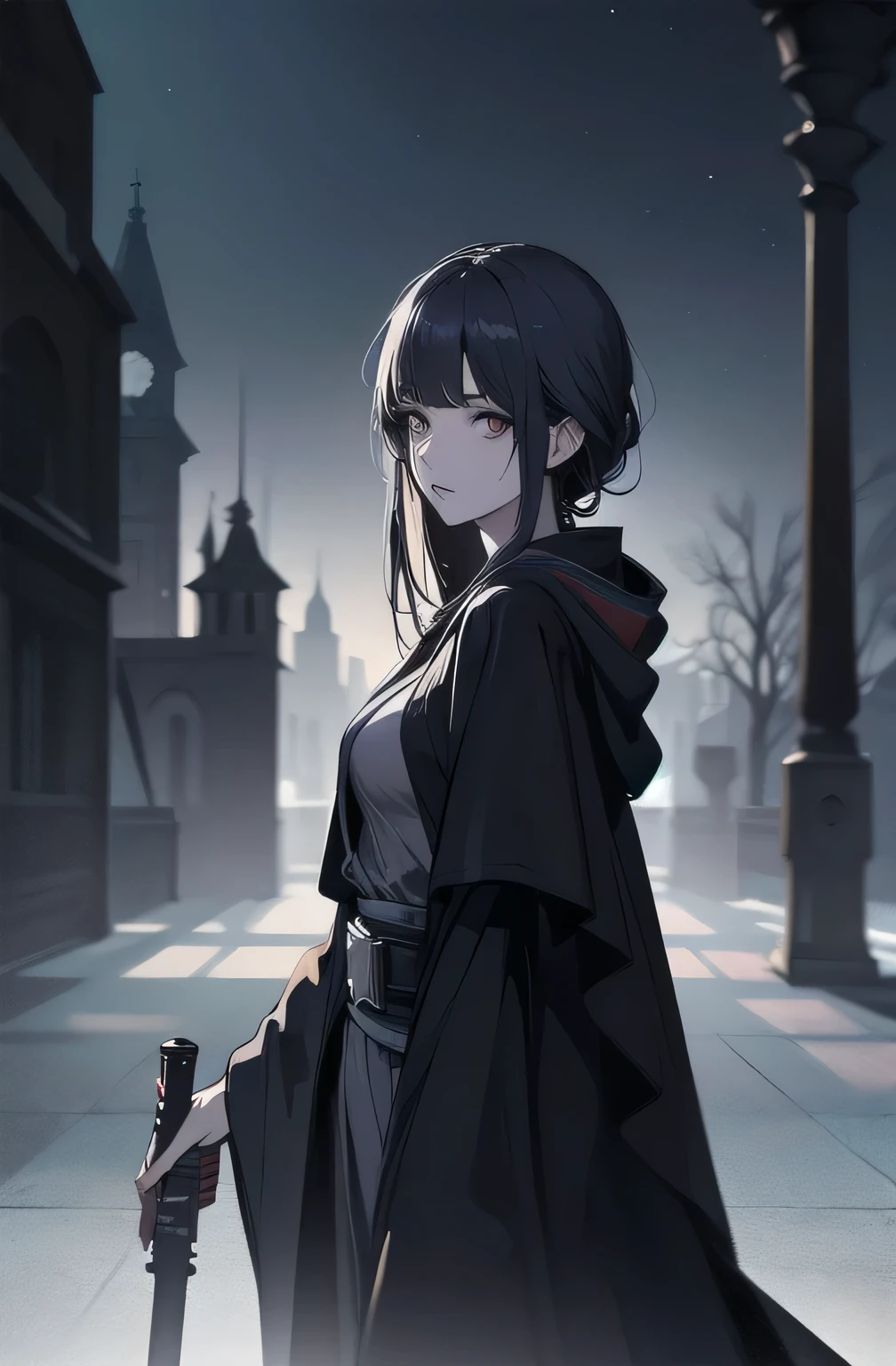 Shadow Face、Star Wars, jedi, black jedi robe、Black Robe, black belt,Star Wars concept art, Star Wars、jedi、Lightsabers、Black Robe、jediの服、Black hoodを被る、Star Wars、beautiful girl、cute、Droopy eyes、Random hair color、Beautiful Long Hair、Straight hair、bangsBangs、bangs、hime cut、Big Breasts、Slim body、slim、(Best Quality,4K,High resolution,Masterpiece 1.2),Very detailed,Real 1.37,Spooky Background,Dark fantasy,Black Theme,Ominous atmosphere,Eye-catching,Anime Style,Concept Art,beautiful, Gentle features, pale Skin, night、Dim lighting、Dark Background, Cinema Lighting, Dramatic Shadows, Spooky atmosphere, Dark words, 1 person&#39;S, Red cheeks, ,(Lightsabers1.3),Ruins,(Wasteland 1.3),((Random hair color)), Female Curves, Sexy flat stomach, Perfect hands, Extend one hand、Perfect anime character face, (Black hood)), standing, ((Black Robe), ,(Star Wars 1.3), In the woods, Moonlight Illumination, Night lighting, jungle、Space Fantasy,SF, Skeleton Gas Light,Absurd, High resolution、 ((Star Wars)), ((Best Quality)), (Very detailedな), ((Very detailed)), (beautiful), ((cute)), 1 person,(1.6)、beautiful face、Full Body Ezbian、pale, Beautiful skin、Big Breasts、Beautiful body、Slim body、beautiful feet、Smiling Kindly、Dark Building Ruins、(Ruins 1.3)、Low angle full body shot、(Random Background 1.3)、(Random Lightsabers Color 1.3)、Spirits、Droopy eyes、bangs, Long Hair, Star Wars、jedi、Blue Lightsabers、Ready your Lightsabers、Star Wars Background、Ruins、In the woodsで、night