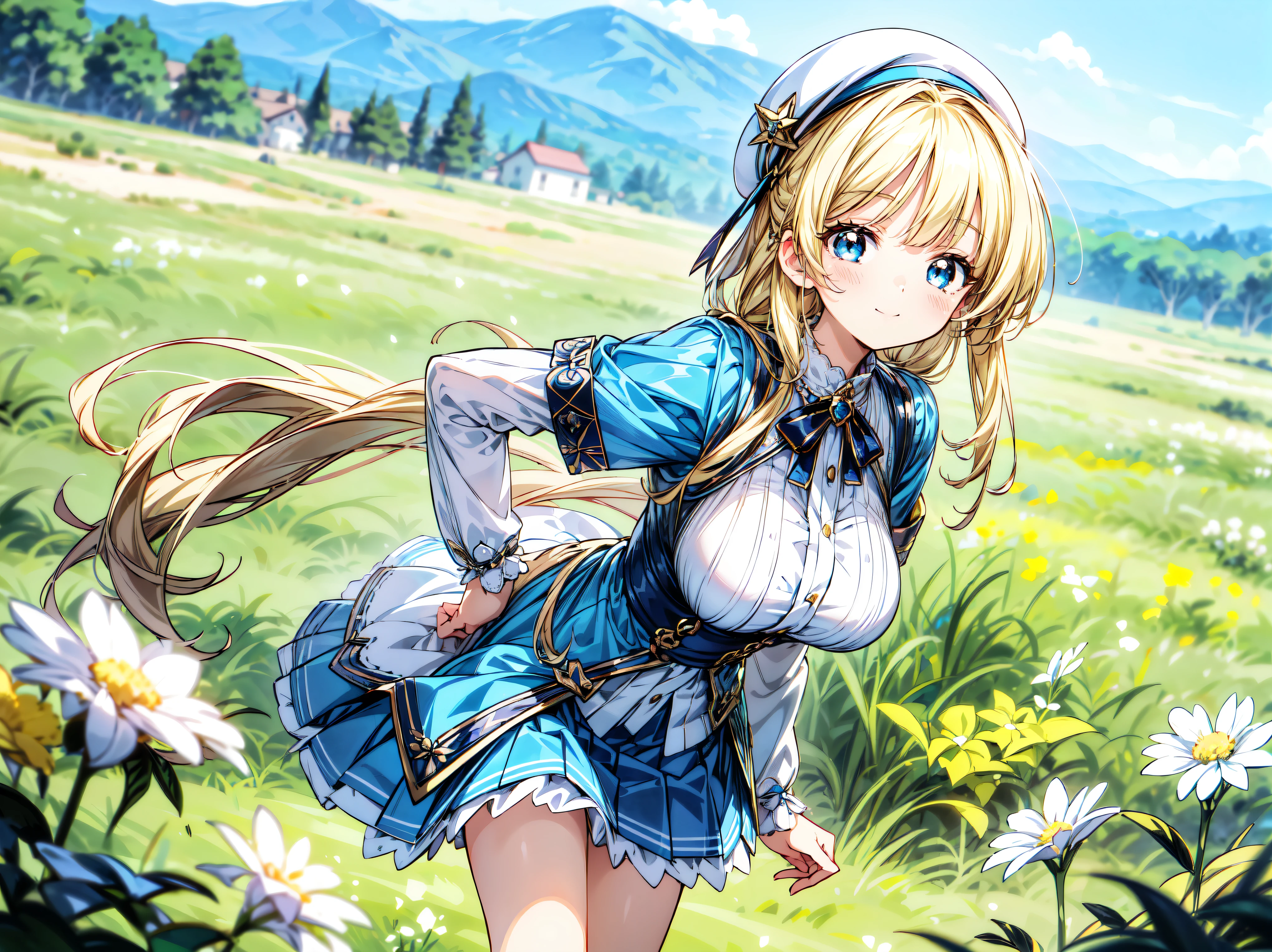 ((Ultra HD)), ((Super detailed)), ((Best Quality)), Blonde, ((Asymmetrical bangs)), KAWAII, happy smile, Big Breasts, breasts focus, Beret, Pleated mini skirt with lace, White Wizard, looking at viewer, from above, leaning forward, on grassland, (((Complete Hand))), ((depth of field, blurred background)), (anime moe art style:1.3),