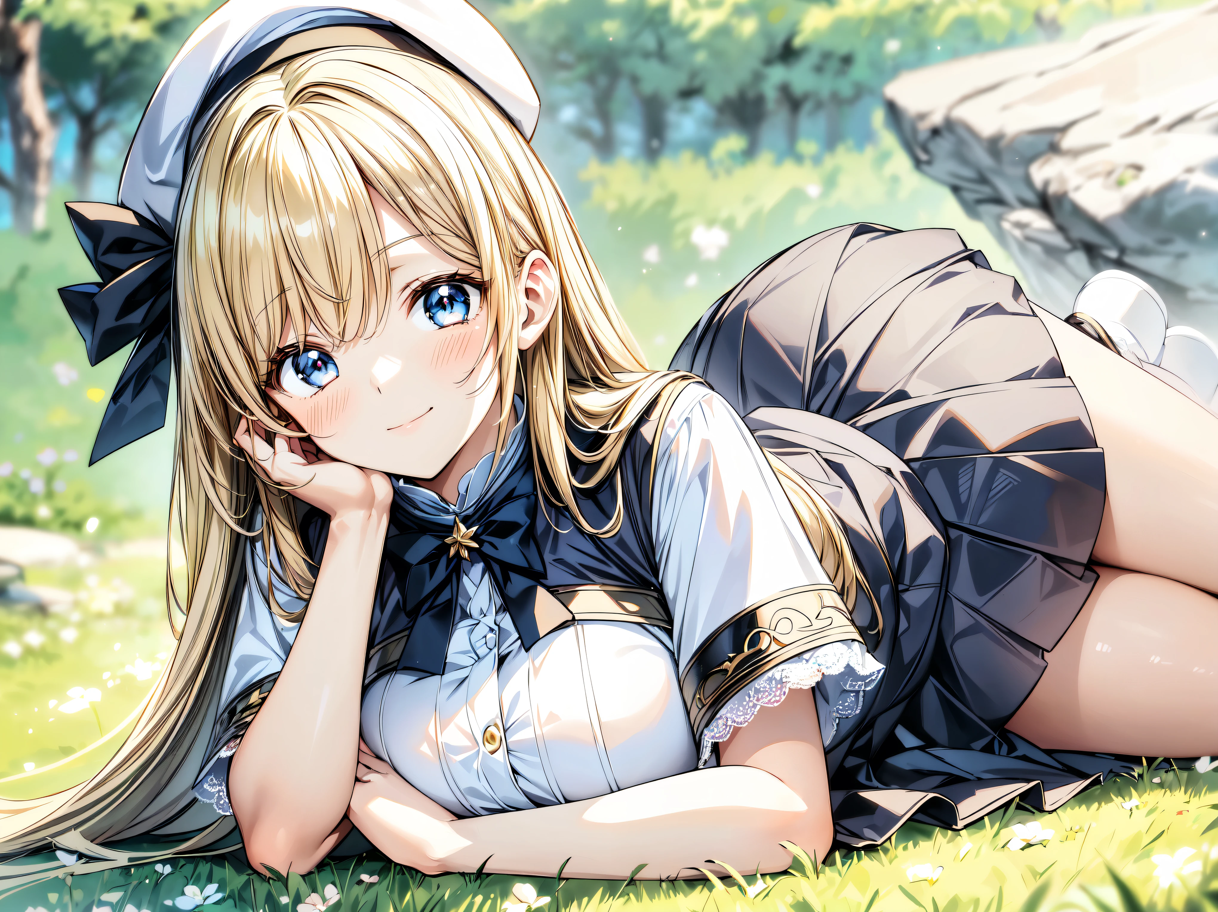 ((Ultra HD)), ((Super detailed)), ((Best Quality)), Blonde, ((Asymmetrical bangs)), KAWAII, happy smile, Big Breasts, breasts focus, Beret, Pleated mini skirt with lace, White Wizard, looking at viewer, from above, leaning forward, on grassland, (((Complete Hand))), ((depth of field, blurred background)), (anime moe art style:1.3),