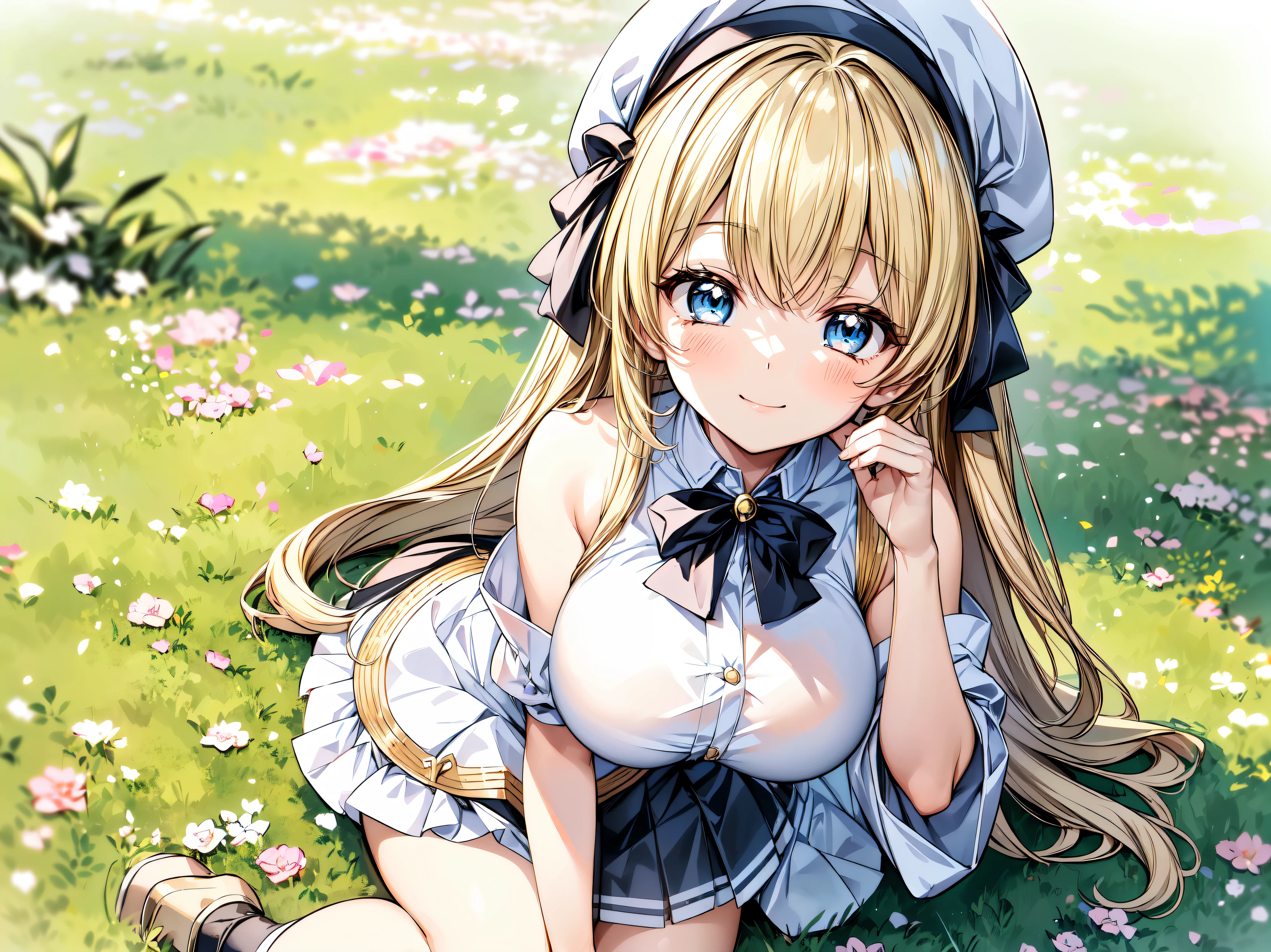 ((Ultra HD)), ((Super detailed)), ((Best Quality)), Blonde, ((Asymmetrical bangs)), KAWAII, happy smile, Big Breasts, breasts focus, Beret, Pleated mini skirt with lace, White Wizard, looking at viewer, from above, leaning forward, on grassland, (((Complete Hand))), ((depth of field, blurred background)), (anime moe art style:1.3),