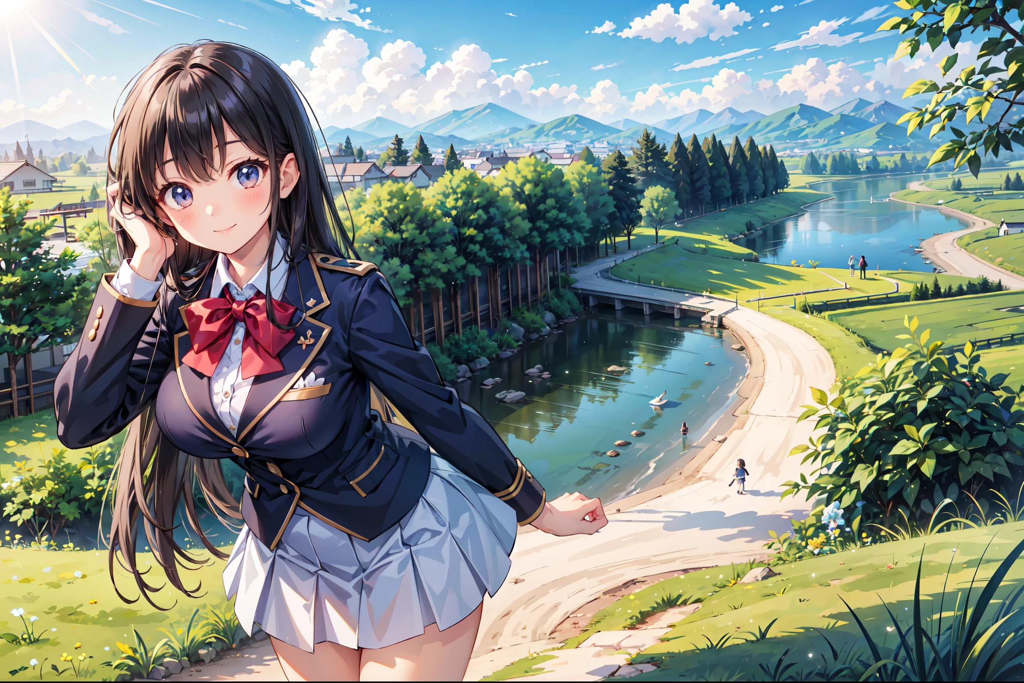 (((Masterpiece, 16k, Highest quality, Ultra-high resolution, Depth of subject))), ((Very detailed, Japanese countryside scenery)), (((High school girl in blazer uniform, 2 people, skirt, Big Breasts))), ((Beautiful girl in great detail)), (((Very accurate body structure, Very precise body movements))), ((Very cute smile)), On the way home, 3pm, A peaceful landscape with a view of the sea, Warm sunshine, Grass Park, chat, We love each other, Touching each other&#39;s breasts, Naughty feelings, The love is unstoppable, hug, Very accurate perspective