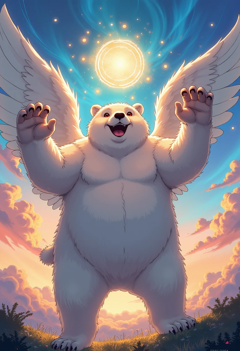 chibi, angel, a plump middle-aged polar bear man, angel wings, happy, light smile, rushing wind, hold with both hands quantum electromagnetic life form sacred sphere, spinning fly, cute pose, detailed painting landscape, twilight, kaleidoscopic swirls, outdoor, BREAK full body in Michelangelo Buonarroti style, digital illustration anime, character focus, full body, looking away, dynamic angle, niji6, niji5, BREAK complete anatomy, perfect proportions, beautiful thigh gap, fluffy body, intricate fur details, beautiful fur texture, BREAK detailed bear tail, detailed toe, 5toes, 5toes nails, beautiful foot, detailed hands, 5fingers, 5fingers nails, BREAK cute face, aesthetic anime face, insanity detailed face, male face, big face, square jawline, aesthetic anime eyes, detailed brown eyes, detailed brown cornea, detailed dark brown irises, detailed pupils, male eyes, big eyes, male eyebrows, innocent look, beautiful beard, BREAK masterpiece, official art, best quality, very aesthetic, absurdres, super fine illustration, great quality, BREAK noise reduction, very highres, large filesize, high quality, 32K, 8k wallpaper, dynamic lighting, BREAK insanity detailed, ultra detailed, intricate details, extremely detailed, detailed texture, an extremely delicate and beautiful, full color, HDR, BREAK e621, Fur Affinity illustration, osukemo, kemohomo, anthropomorphic, furry, cartoon, harmonious eyes, pastoral face, virtuous body, epic atmosphere 